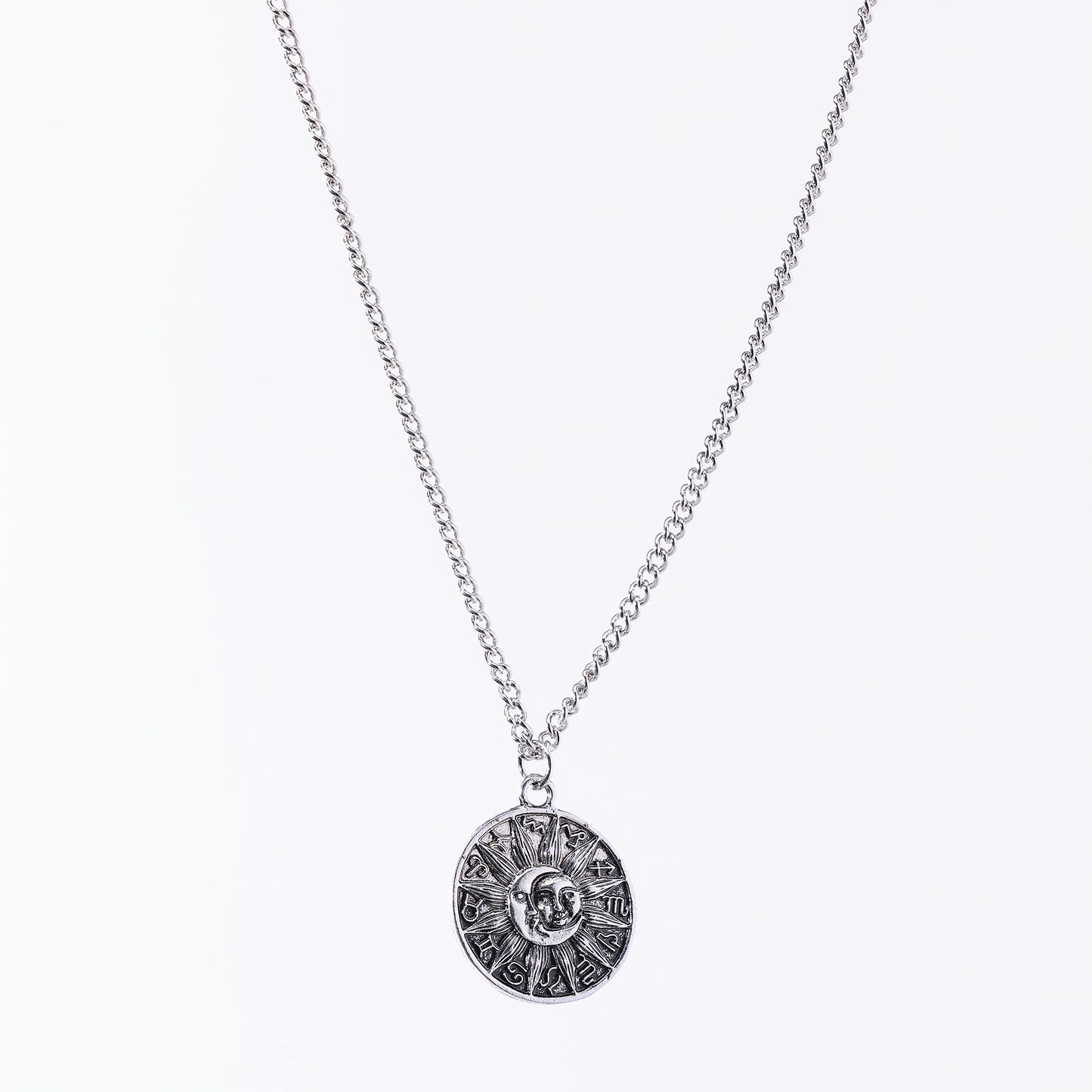 Moon & Sun Celestial Necklace – Vintage Silver Pendant with Astrological Symbols, Boho-Gothic Style Jewelry for Women & Men
