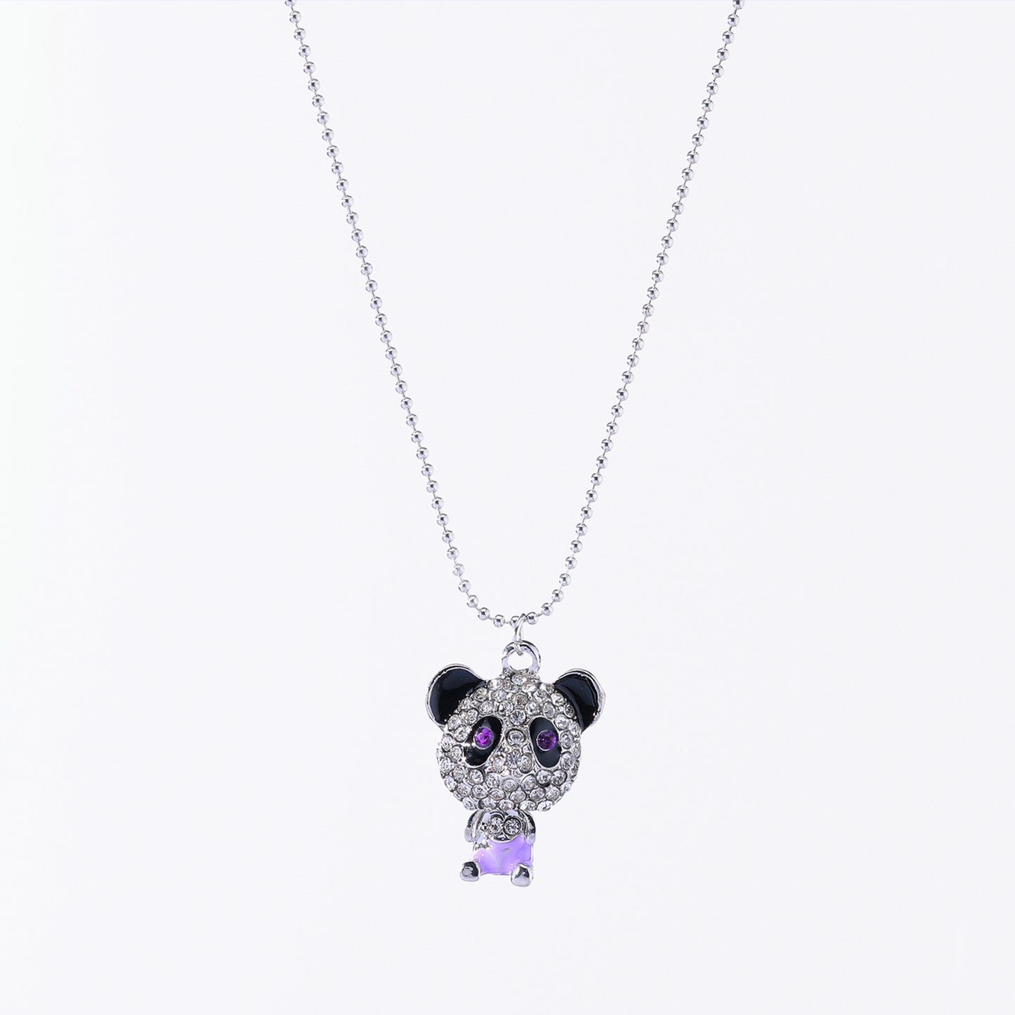 Rhinestone Panda Pendant Necklace – Sparkling Purple Gemstones, Silver-Plated Chain & Playful Design for Teens & Women