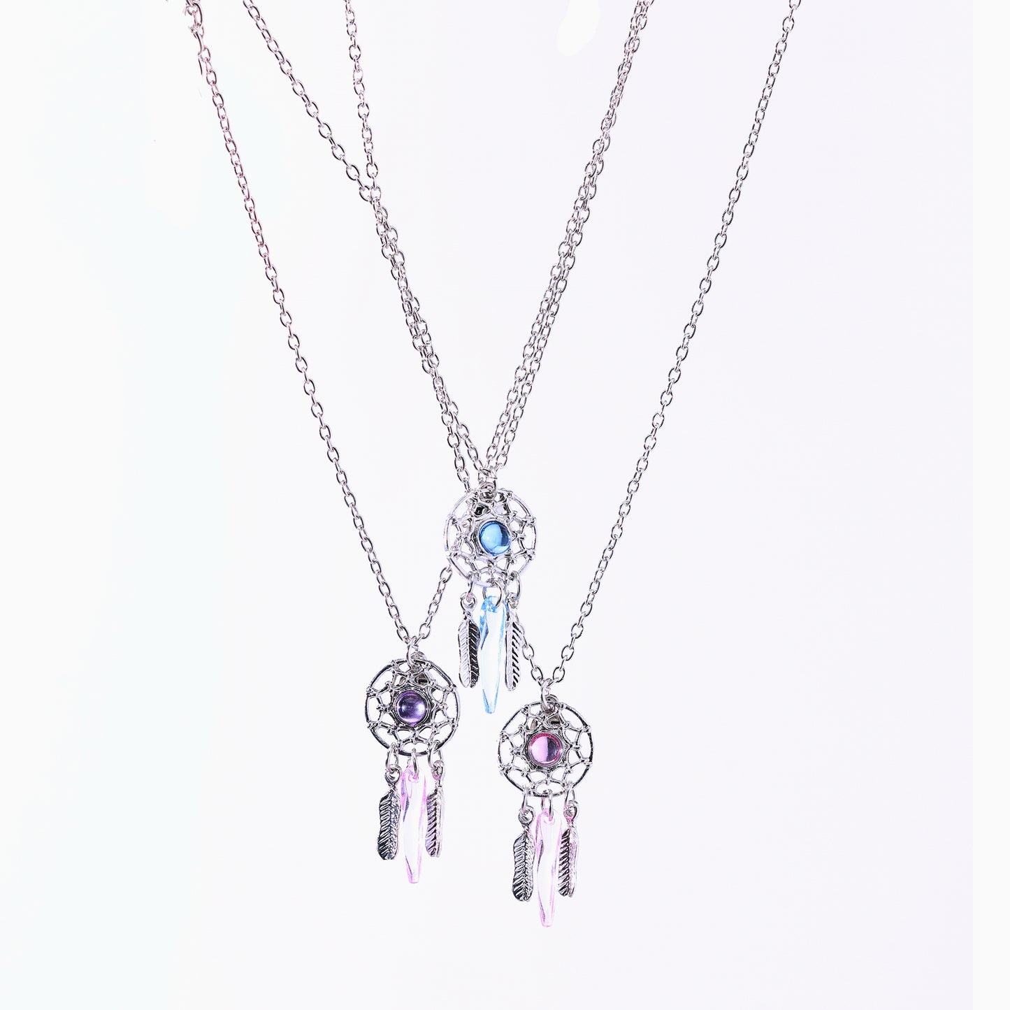 3-Pack Assorted Dreamcatcher BFF Necklaces – Sterling Silver Chains with Iridescent Feathers & Gemstones (Blue/Purple/Pink Variants)