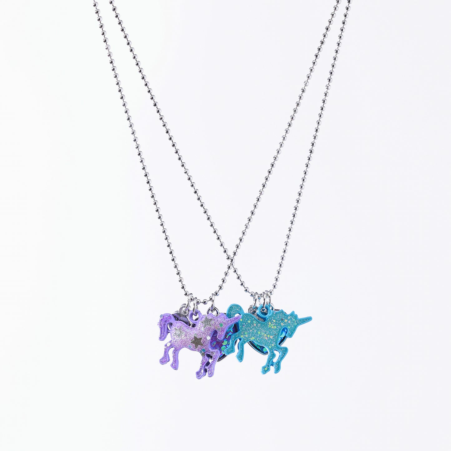 Glitter Unicorn Best Friend Necklace Set - Holographic Glitter & Heart Charms, Iridescent Unicorn Pendants on Silver Chain, Matching Jewelry for Teens, Kids & Best Friends