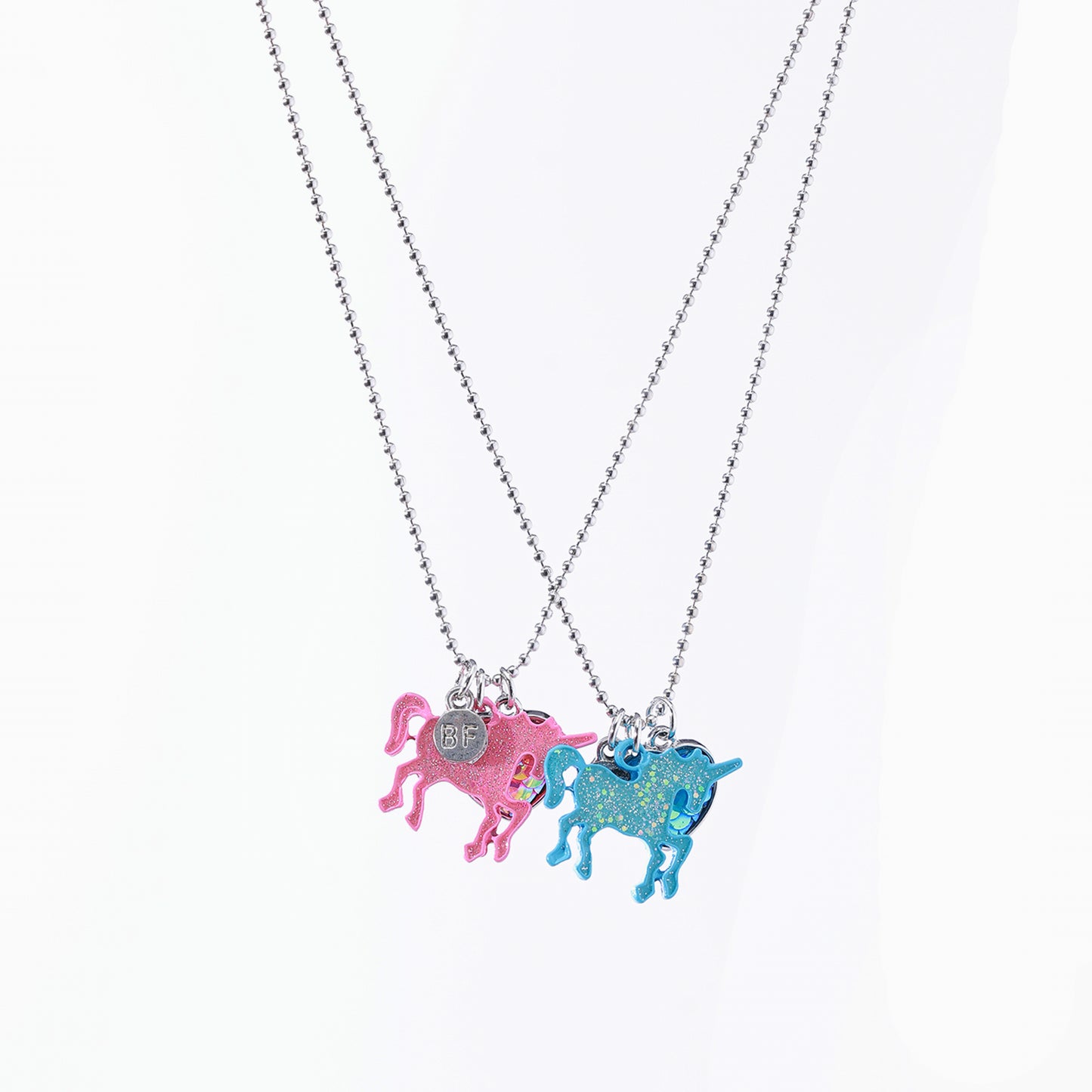Glitter Unicorn Best Friend Necklace Set - Holographic Glitter & Heart Charms, Iridescent Unicorn Pendants on Silver Chain, Matching Jewelry for Teens, Kids & Best Friends