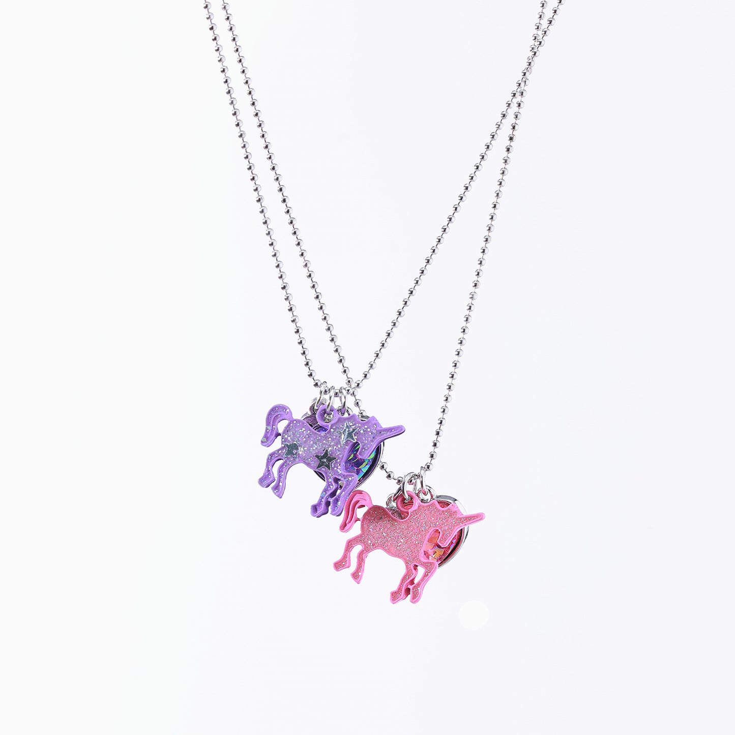 Glitter Unicorn Best Friend Necklace Set - Holographic Glitter & Heart Charms, Iridescent Unicorn Pendants on Silver Chain, Matching Jewelry for Teens, Kids & Best Friends