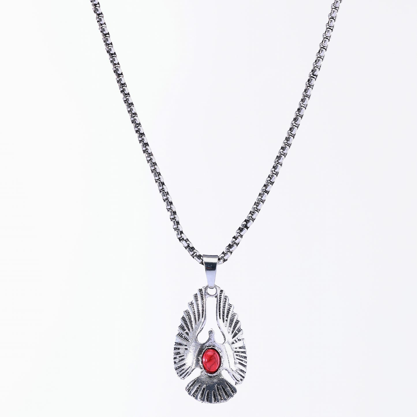 Vintage Eagle Pendant Necklace with Gemstone - Handcrafted Metal Wings, Bohemian Jewelry for Men & Women