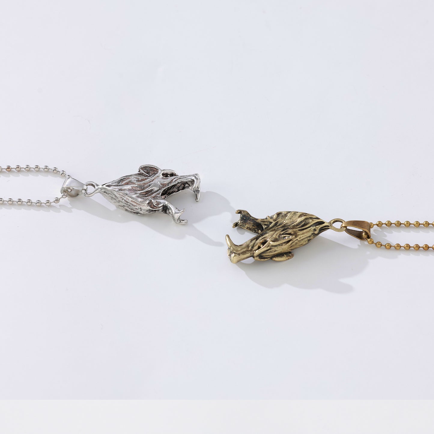Wolf Head Pendant Necklace – Silver & Gold-Tone, Handcrafted Ball Chains with Detailed Wolf Motifs, Stylish Jewelry for Men & Women