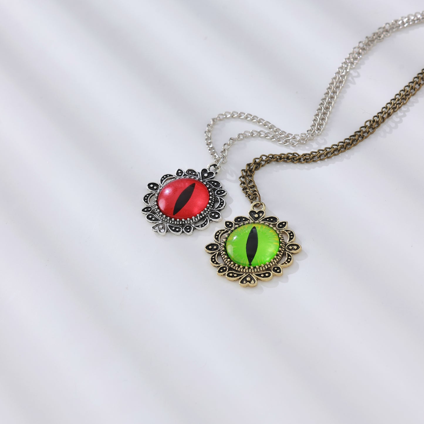 Assorted Dragon Eye Pendant Necklace – Gothic & Fantasy Jewelry | Red & Green Enamel, Antique Chains, Floral Filigree & Victorian Designs
