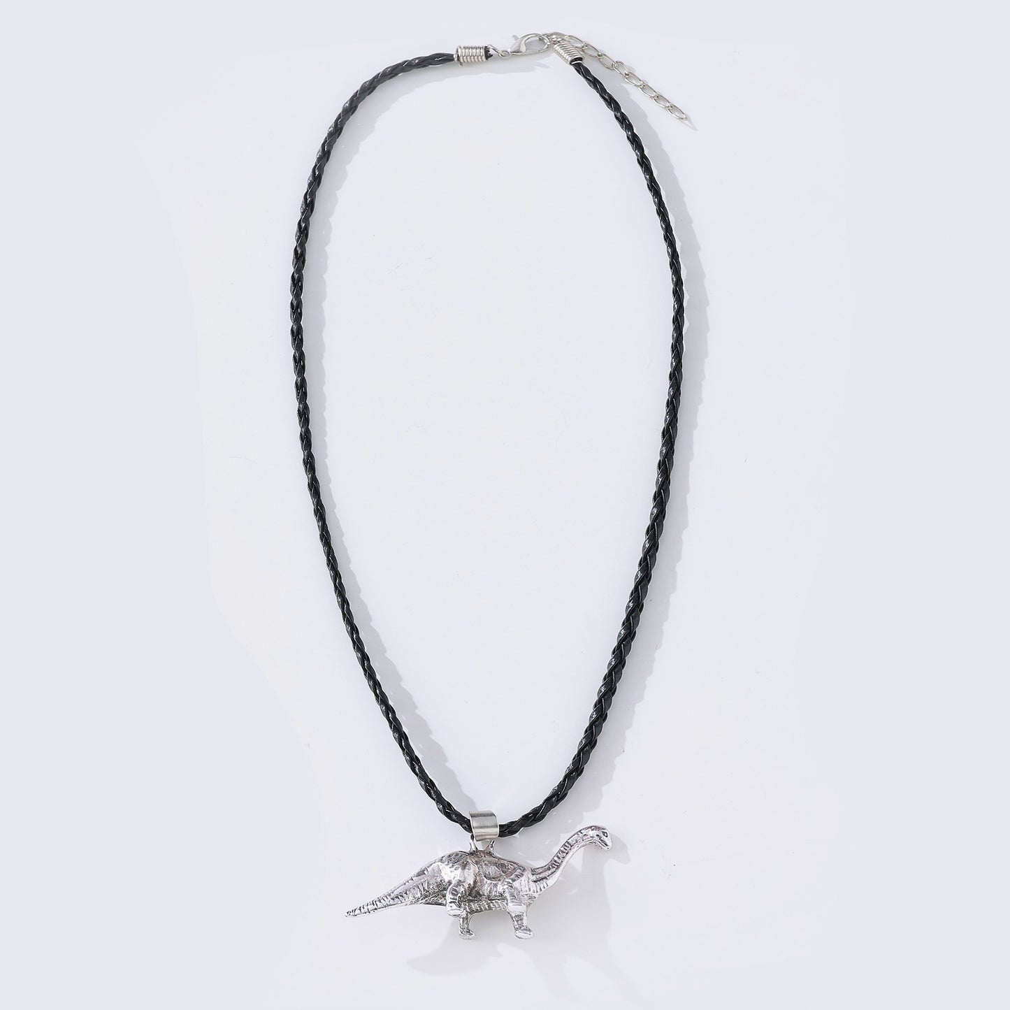 Long Neck Dinosaur Pendant Necklace – Gold-Tone & Pewter Finish, Retro Jurassic Charm on Black Woven & Waxed Cotton Cords, Unique Jewelry for Men & Women
