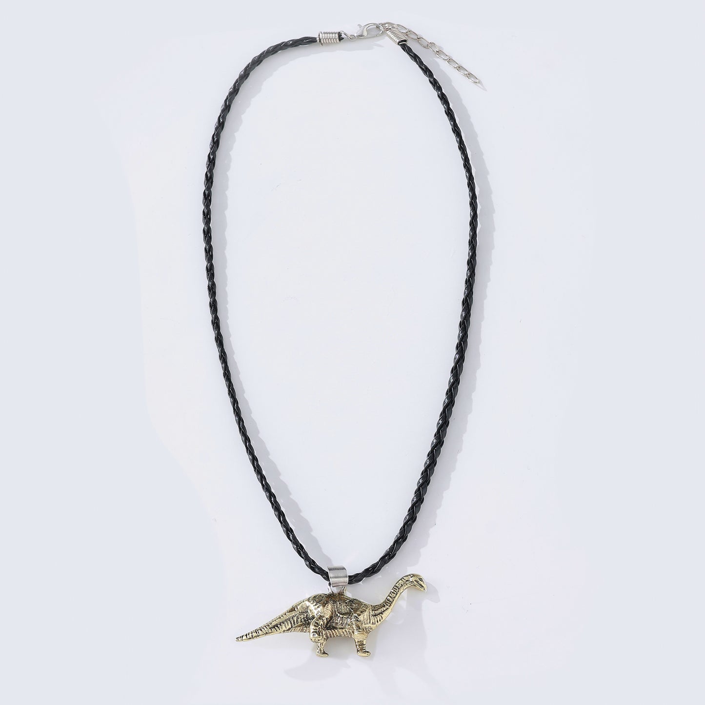 Long Neck Dinosaur Pendant Necklace – Gold-Tone & Pewter Finish, Retro Jurassic Charm on Black Woven & Waxed Cotton Cords, Unique Jewelry for Men & Women