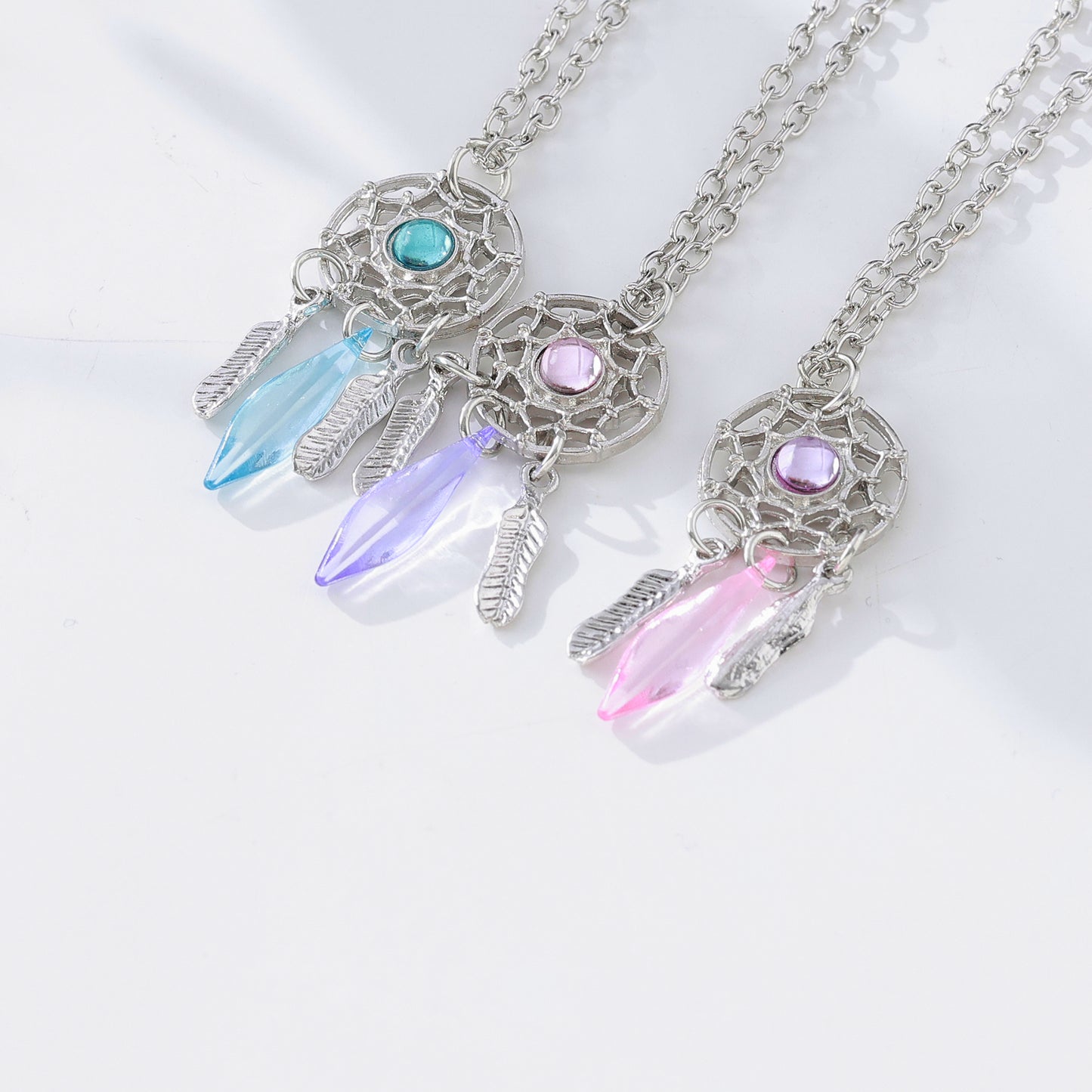 Assorted Stone Dreamcatcher Necklace – Gemstones with Iridescent Crystals & Feather Charms in Sterling Silver Chains
