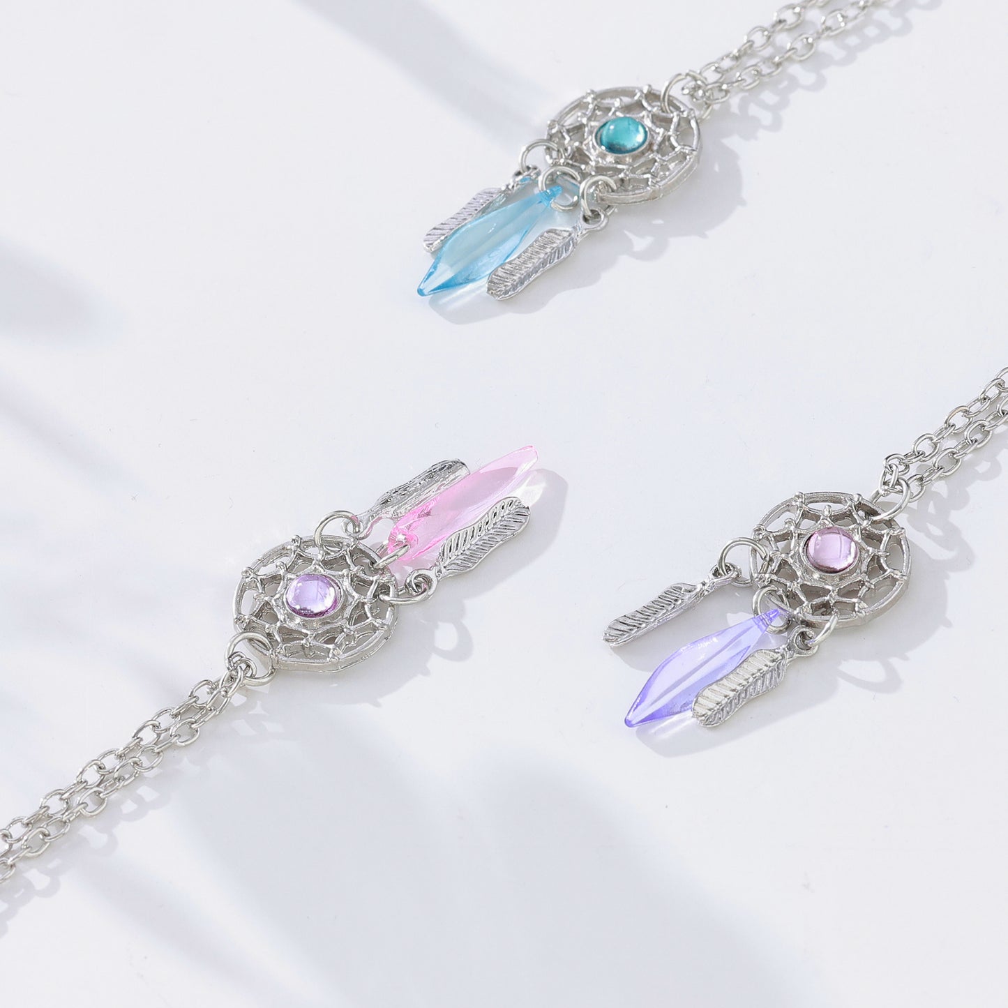 Assorted Stone Dreamcatcher Necklace – Gemstones with Iridescent Crystals & Feather Charms in Sterling Silver Chains