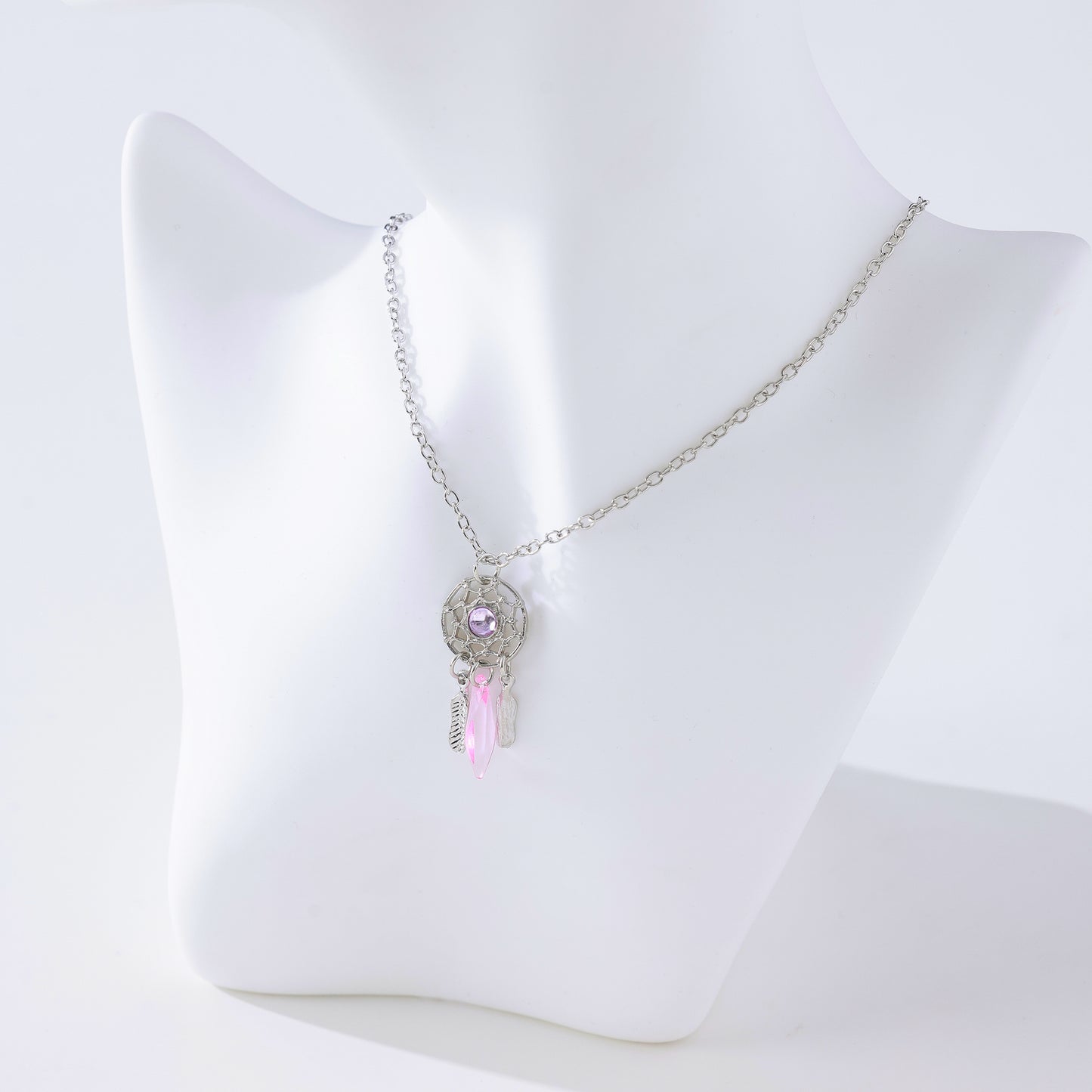 Assorted Stone Dreamcatcher Necklace – Gemstones with Iridescent Crystals & Feather Charms in Sterling Silver Chains