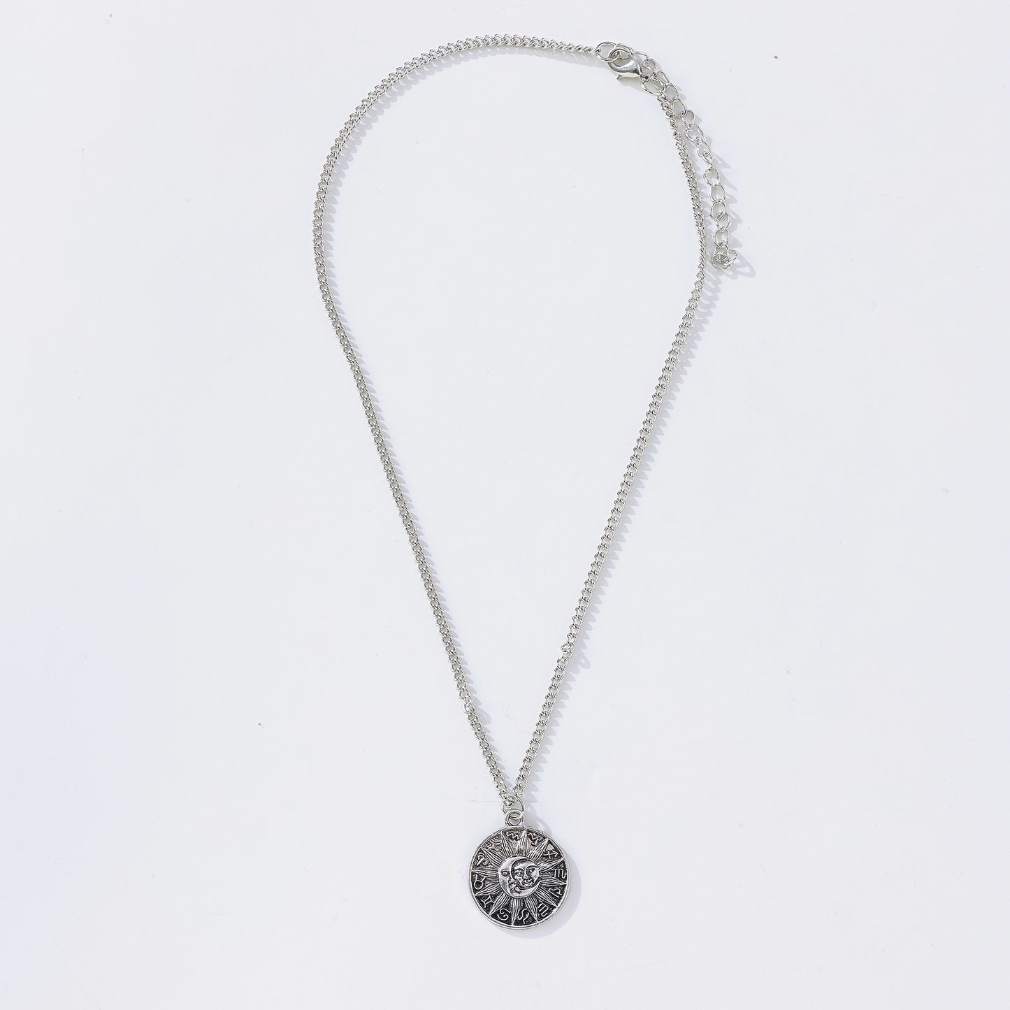 Moon & Sun Celestial Necklace – Vintage Silver Pendant with Astrological Symbols, Boho-Gothic Style Jewelry for Women & Men