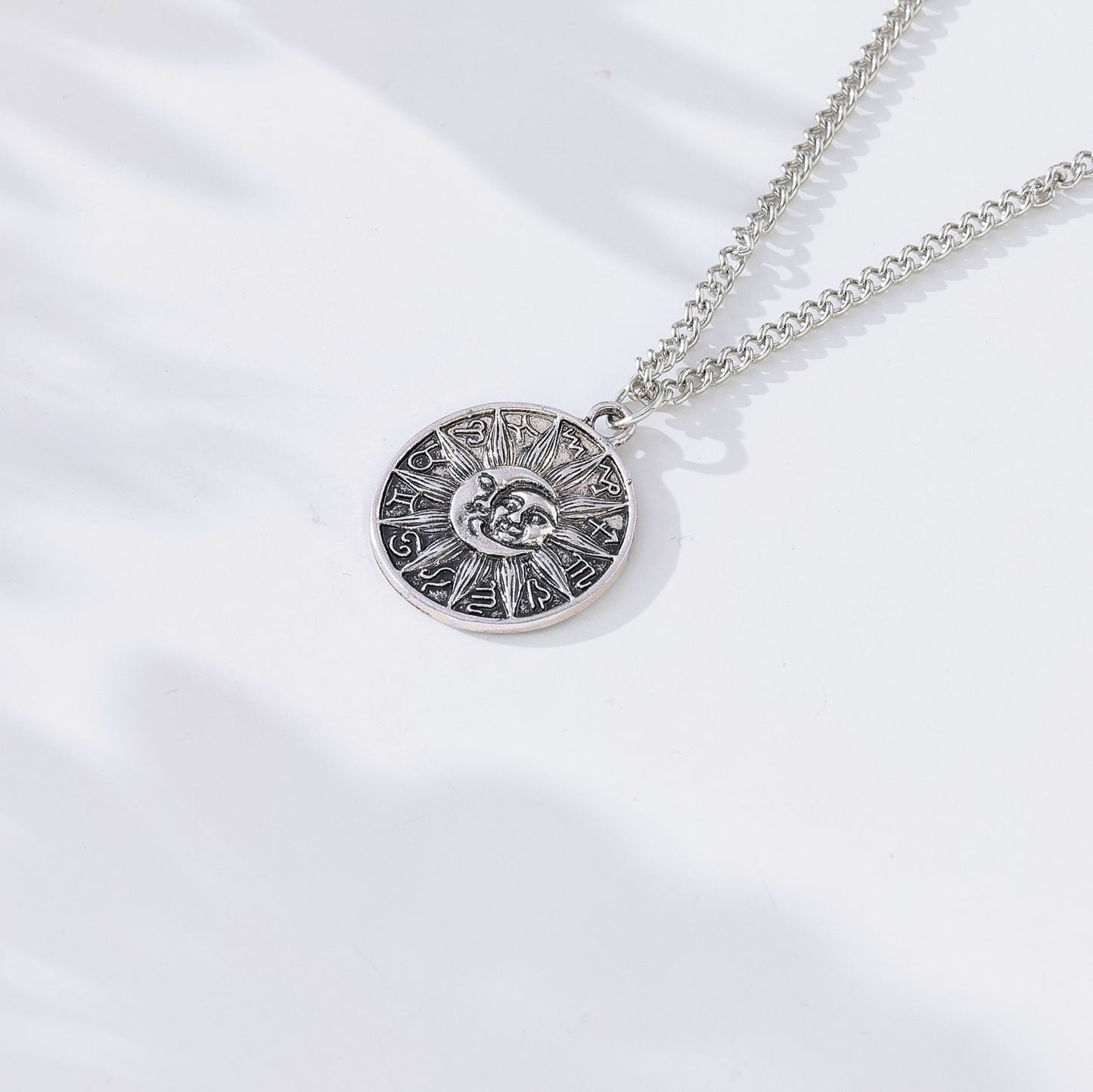 Moon & Sun Celestial Necklace – Vintage Silver Pendant with Astrological Symbols, Boho-Gothic Style Jewelry for Women & Men