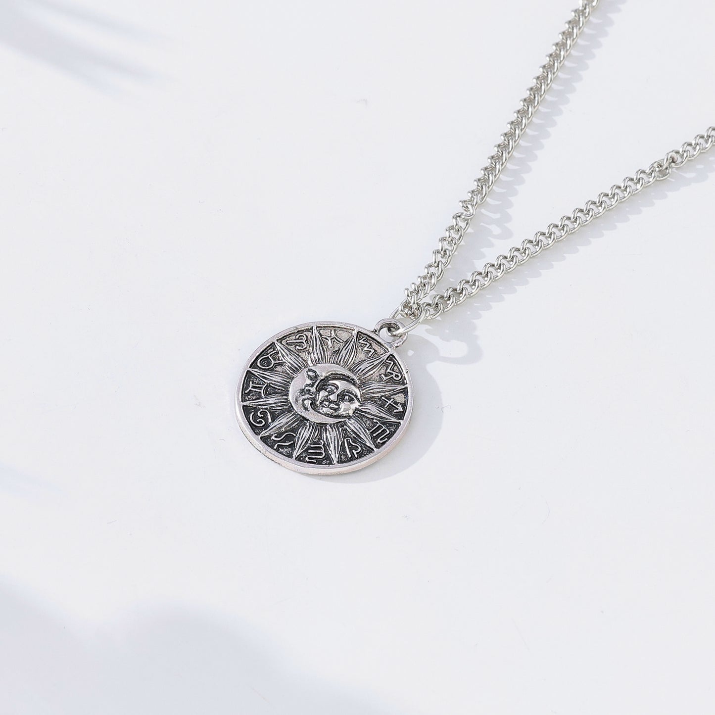 Moon & Sun Celestial Necklace – Vintage Silver Pendant with Astrological Symbols, Boho-Gothic Style Jewelry for Women & Men