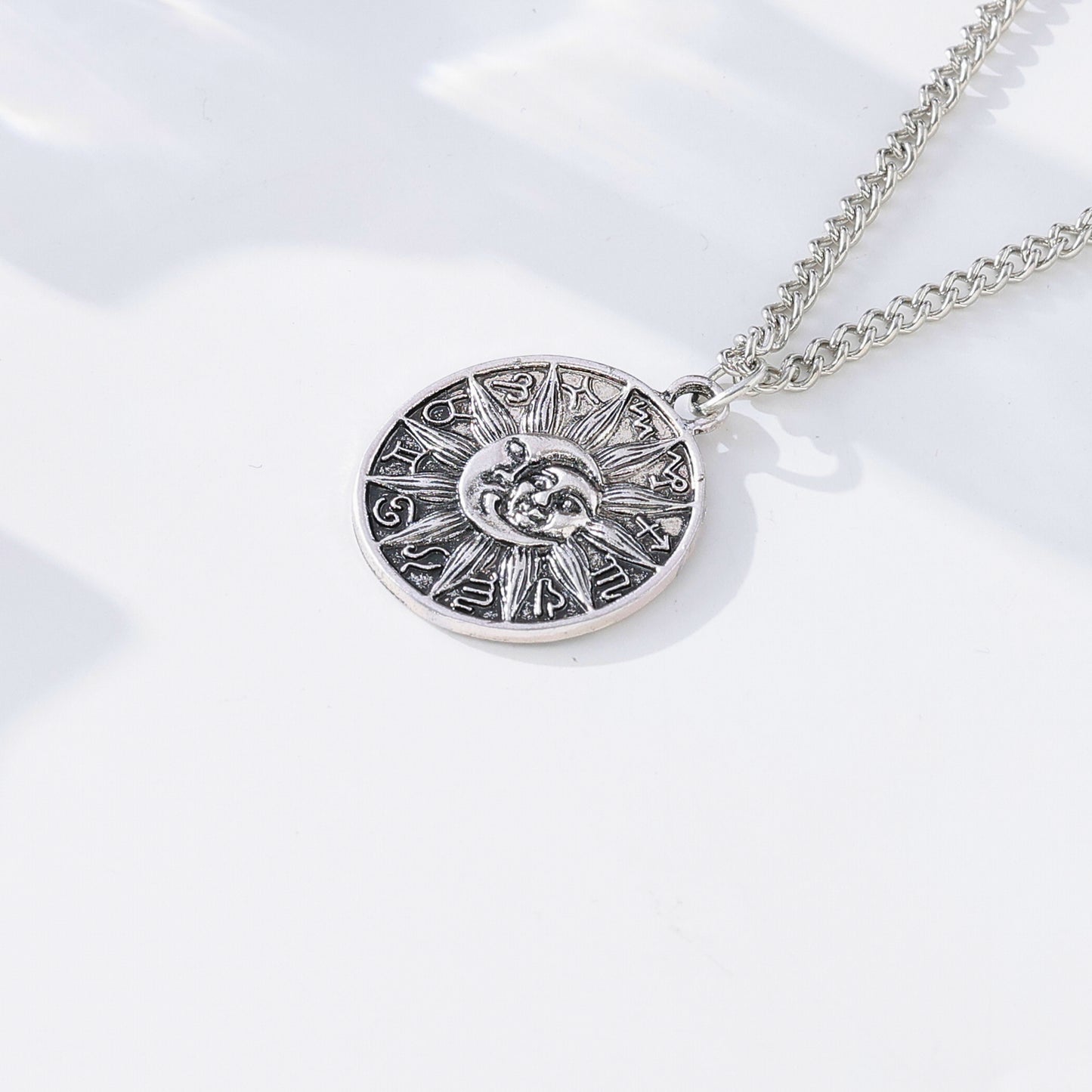 Moon & Sun Celestial Necklace – Vintage Silver Pendant with Astrological Symbols, Boho-Gothic Style Jewelry for Women & Men