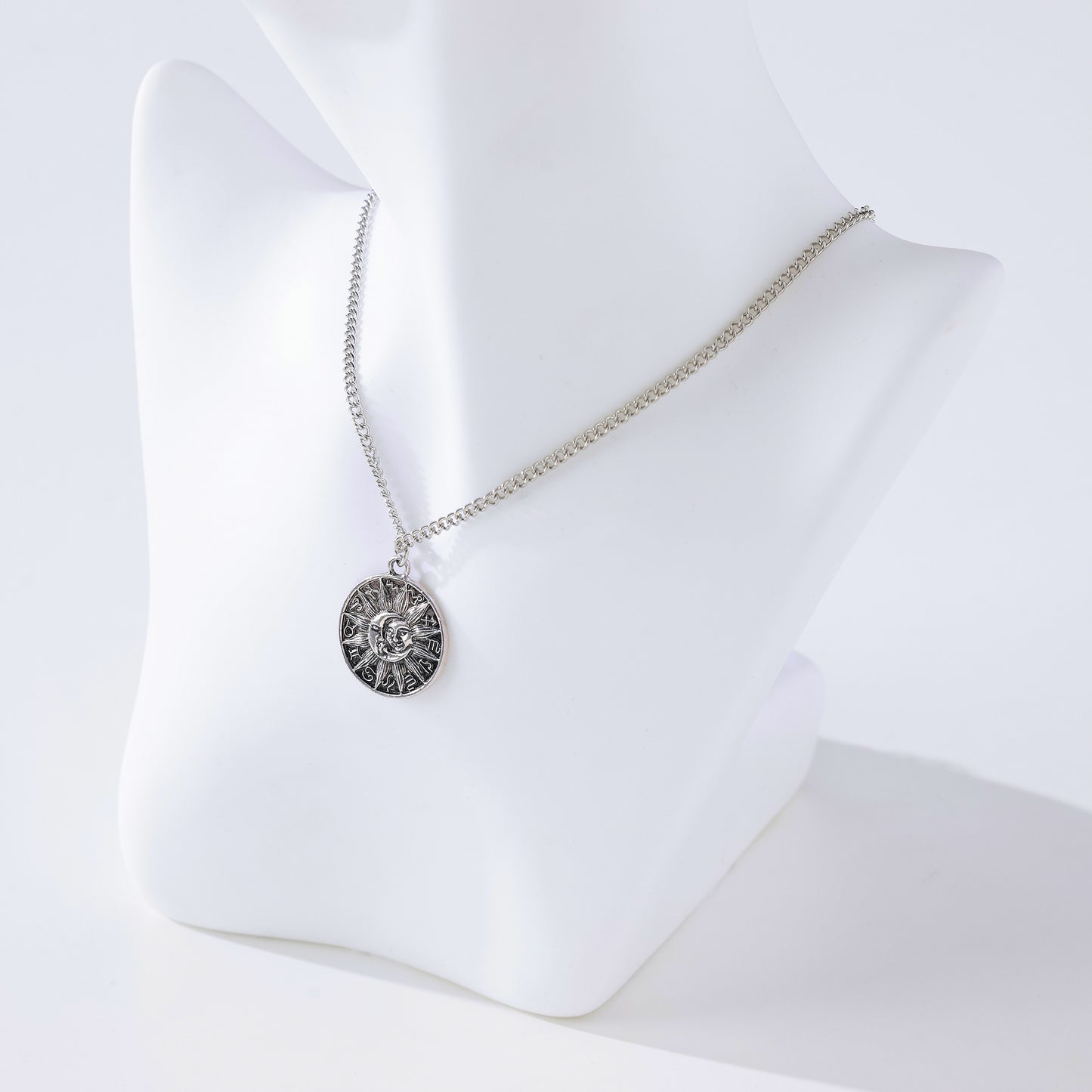Moon & Sun Celestial Necklace – Vintage Silver Pendant with Astrological Symbols, Boho-Gothic Style Jewelry for Women & Men