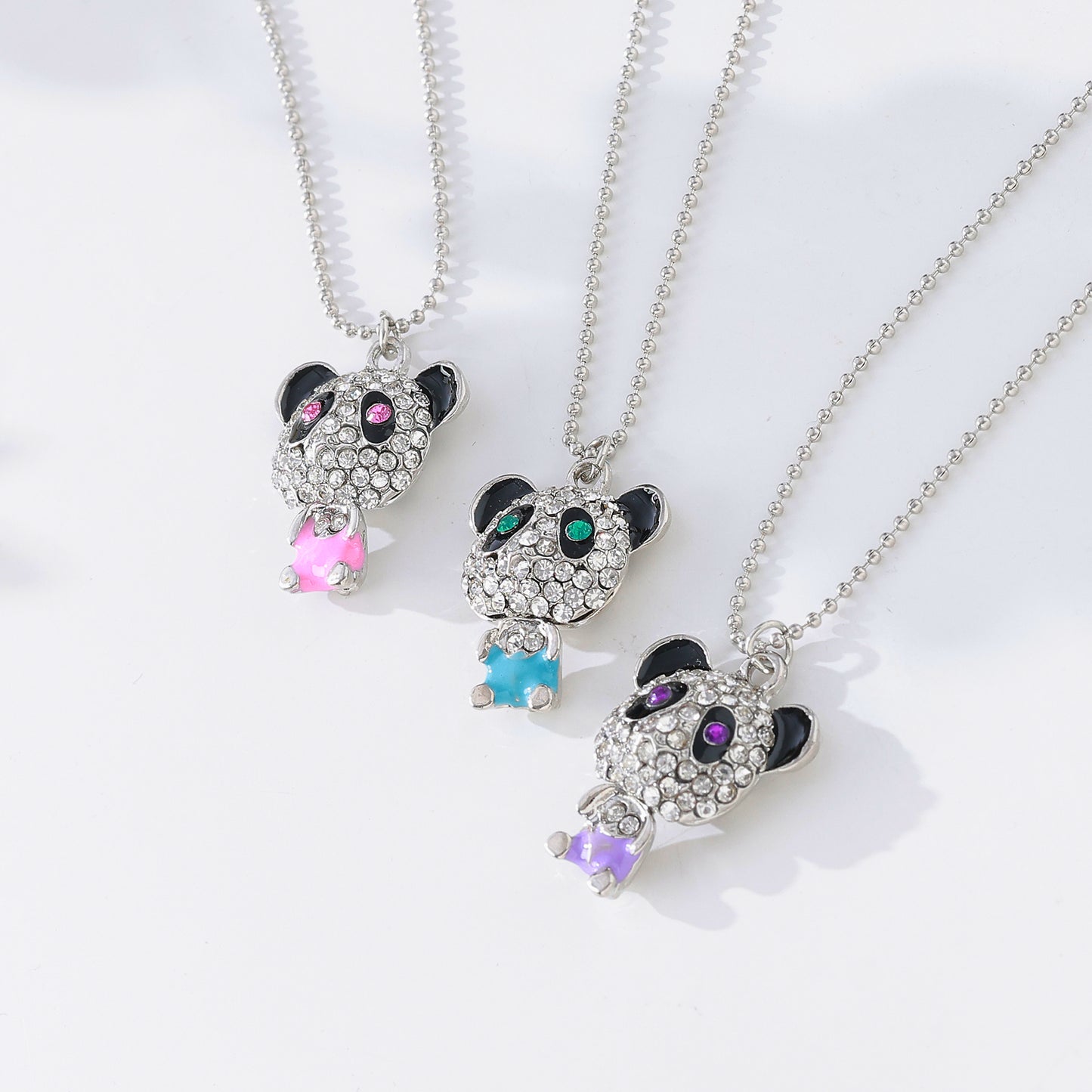 Rhinestone Panda Pendant Necklace – Sparkling Purple Gemstones, Silver-Plated Chain & Playful Design for Teens & Women