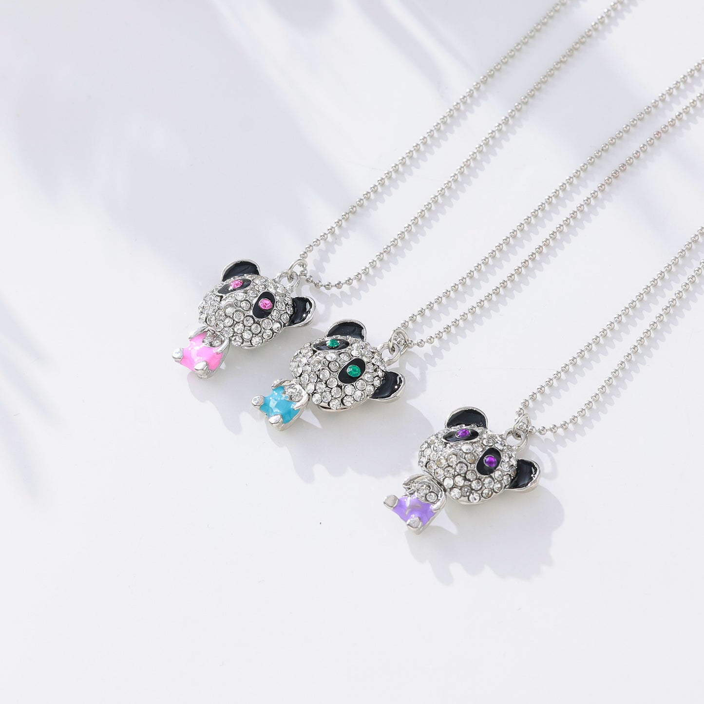 Rhinestone Panda Pendant Necklace – Sparkling Purple Gemstones, Silver-Plated Chain & Playful Design for Teens & Women