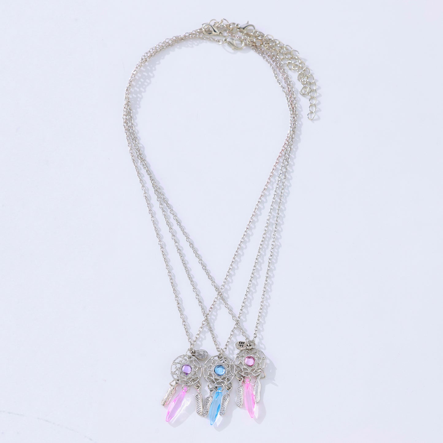 3-Pack Assorted Dreamcatcher BFF Necklaces – Sterling Silver Chains with Iridescent Feathers & Gemstones (Blue/Purple/Pink Variants)
