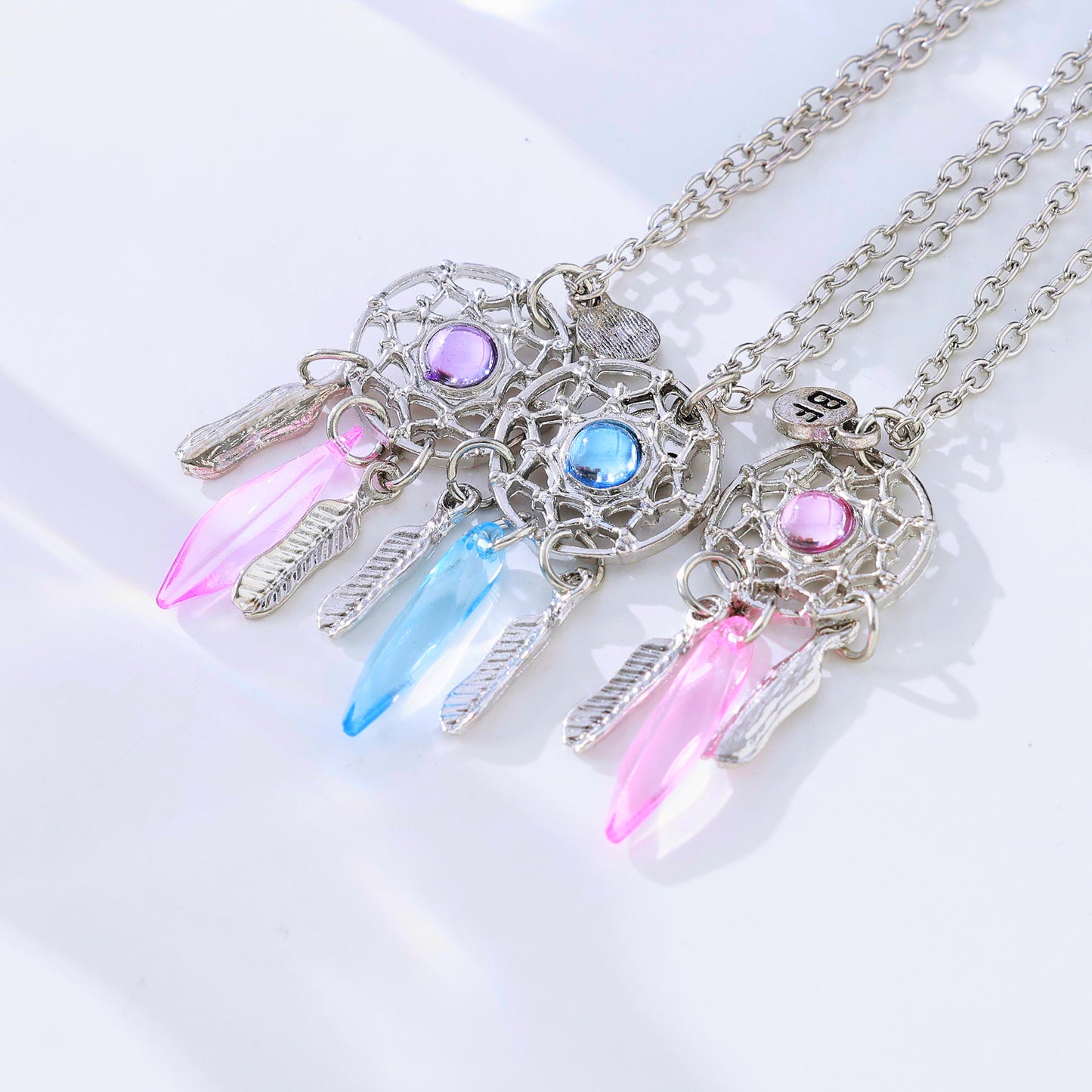 3-Pack Assorted Dreamcatcher BFF Necklaces – Sterling Silver Chains with Iridescent Feathers & Gemstones (Blue/Purple/Pink Variants)