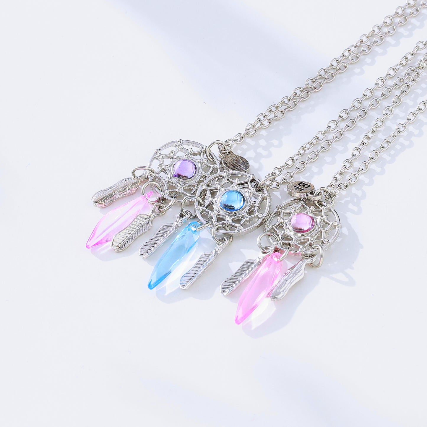 3-Pack Assorted Dreamcatcher BFF Necklaces – Sterling Silver Chains with Iridescent Feathers & Gemstones (Blue/Purple/Pink Variants)