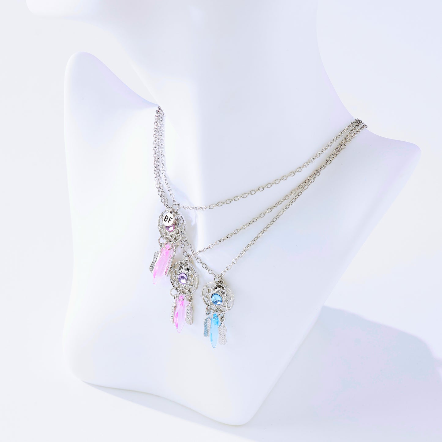 3-Pack Assorted Dreamcatcher BFF Necklaces – Sterling Silver Chains with Iridescent Feathers & Gemstones (Blue/Purple/Pink Variants)