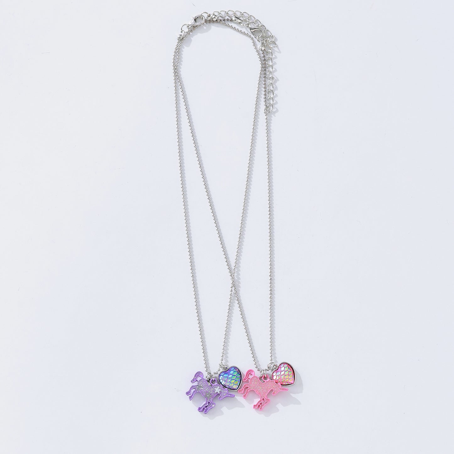 Glitter Unicorn Best Friend Necklace Set - Holographic Glitter & Heart Charms, Iridescent Unicorn Pendants on Silver Chain, Matching Jewelry for Teens, Kids & Best Friends