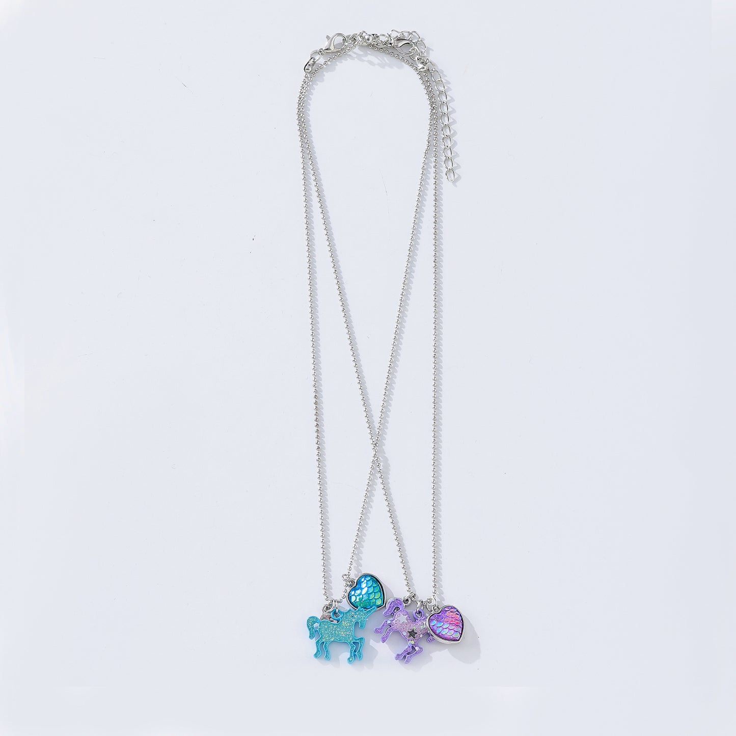 Glitter Unicorn Best Friend Necklace Set - Holographic Glitter & Heart Charms, Iridescent Unicorn Pendants on Silver Chain, Matching Jewelry for Teens, Kids & Best Friends