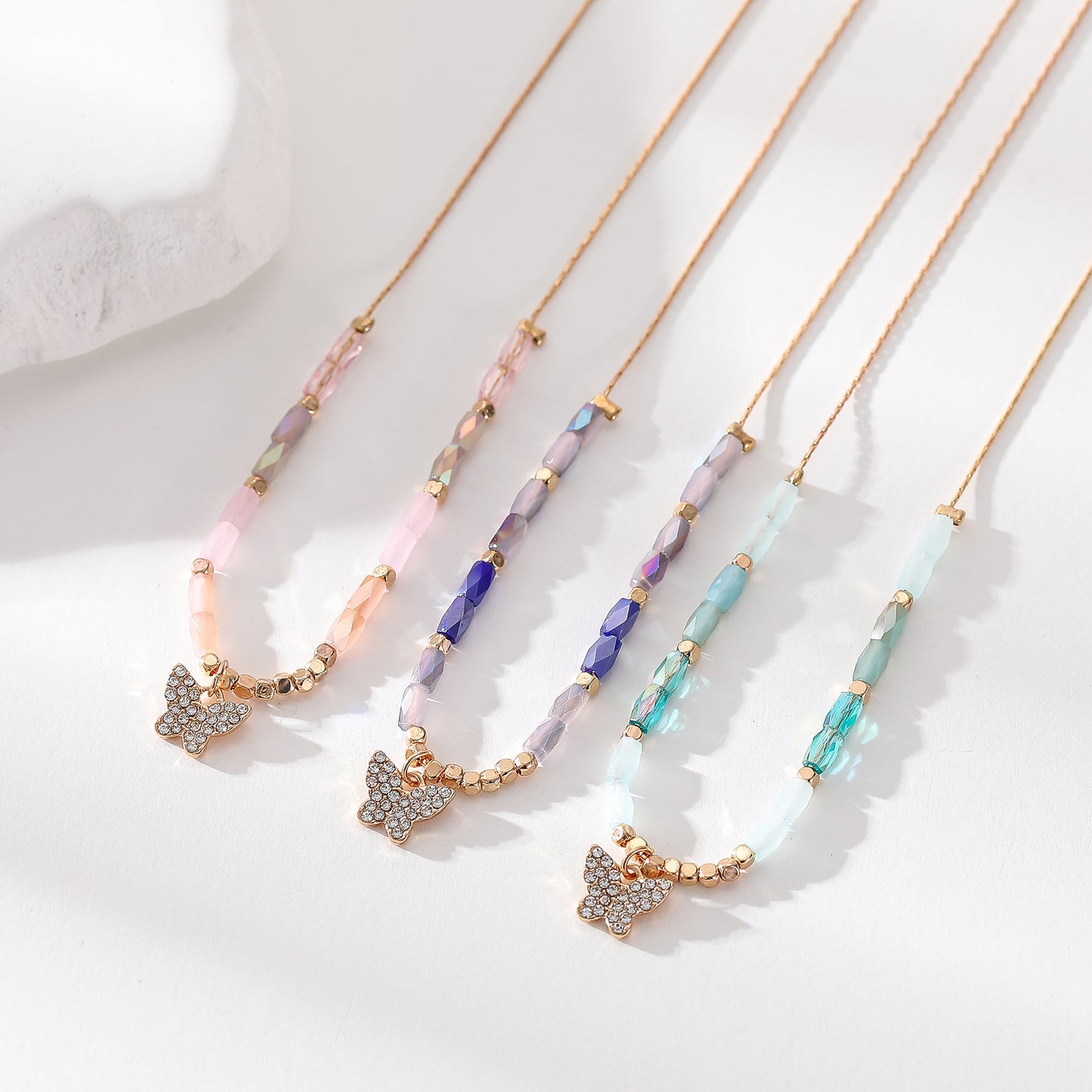 Crystal Butterfly Pendant Necklace – Gold Chain with Faceted Beads in Assorted Colors