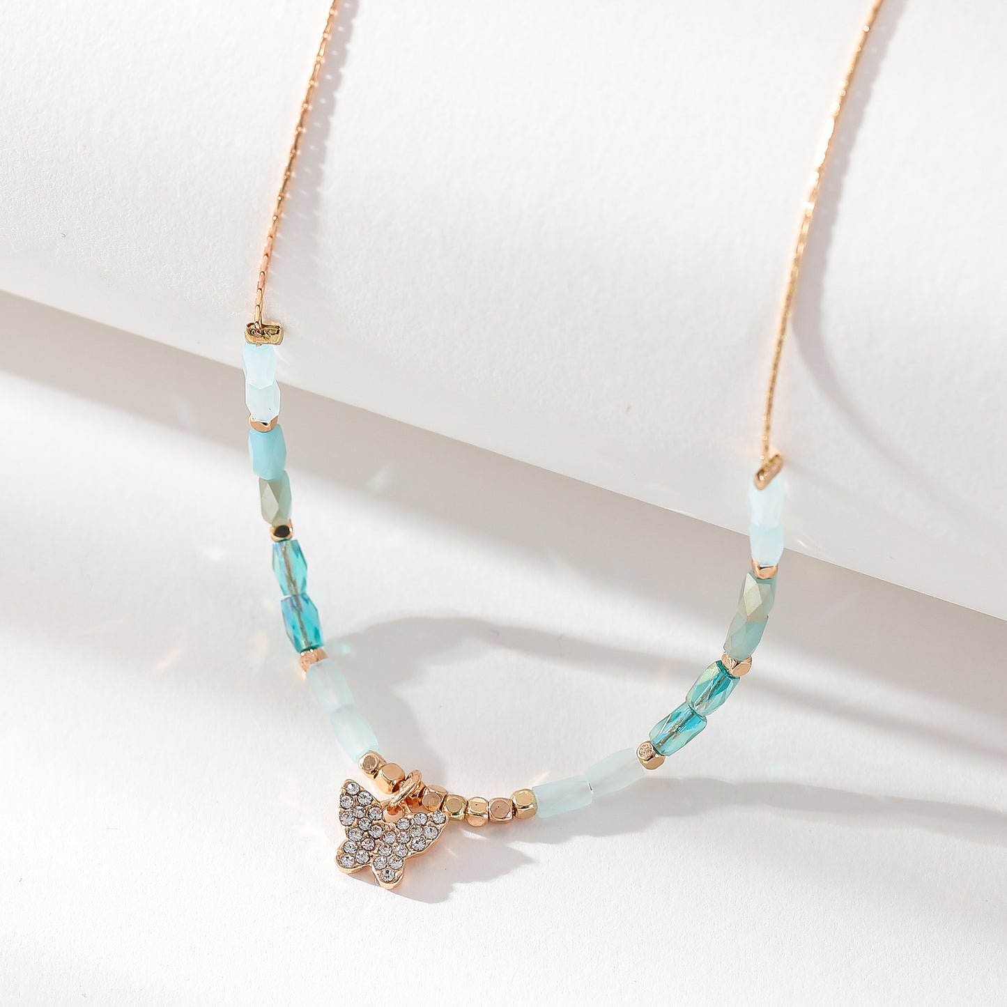 Crystal Butterfly Pendant Necklace – Gold Chain with Faceted Beads in Assorted Colors