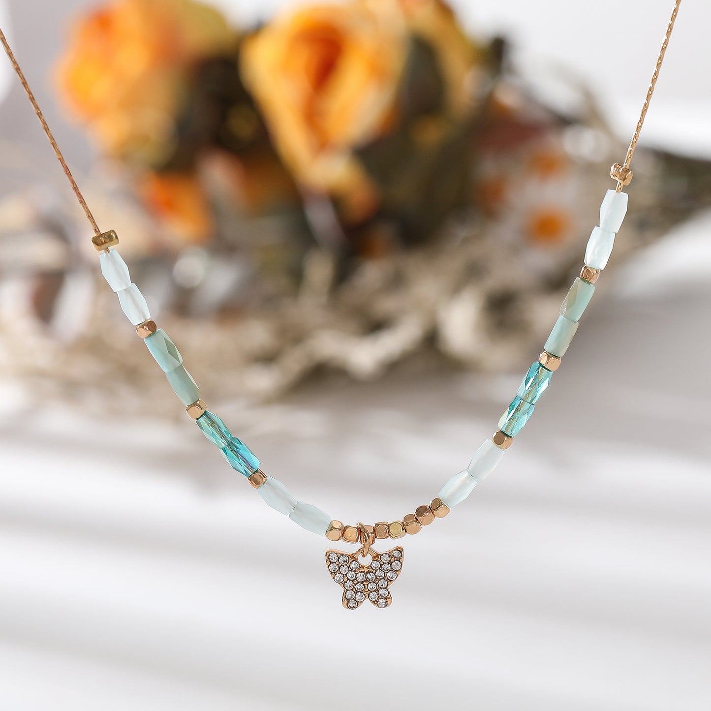 Crystal Butterfly Pendant Necklace – Gold Chain with Faceted Beads in Assorted Colors
