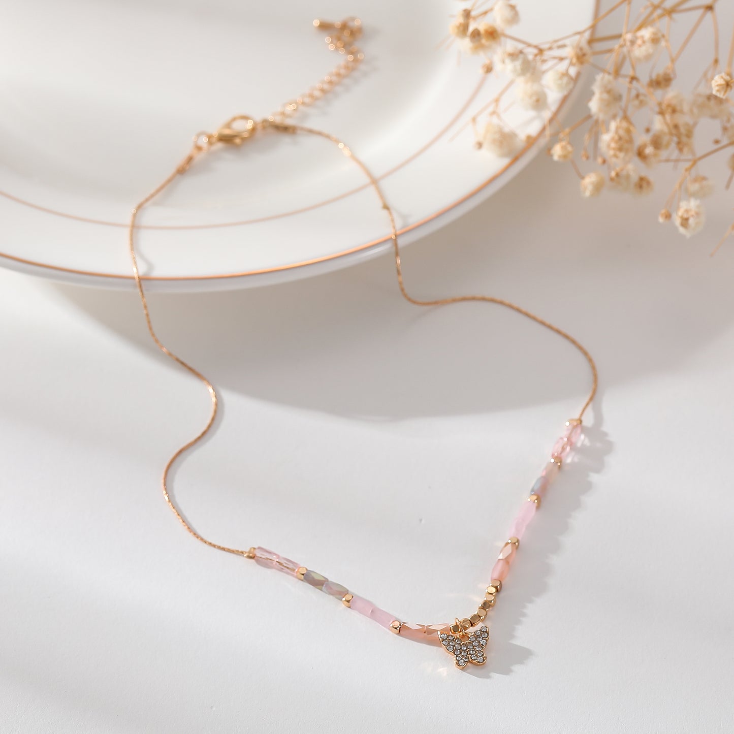 Crystal Butterfly Pendant Necklace – Gold Chain with Faceted Beads in Assorted Colors