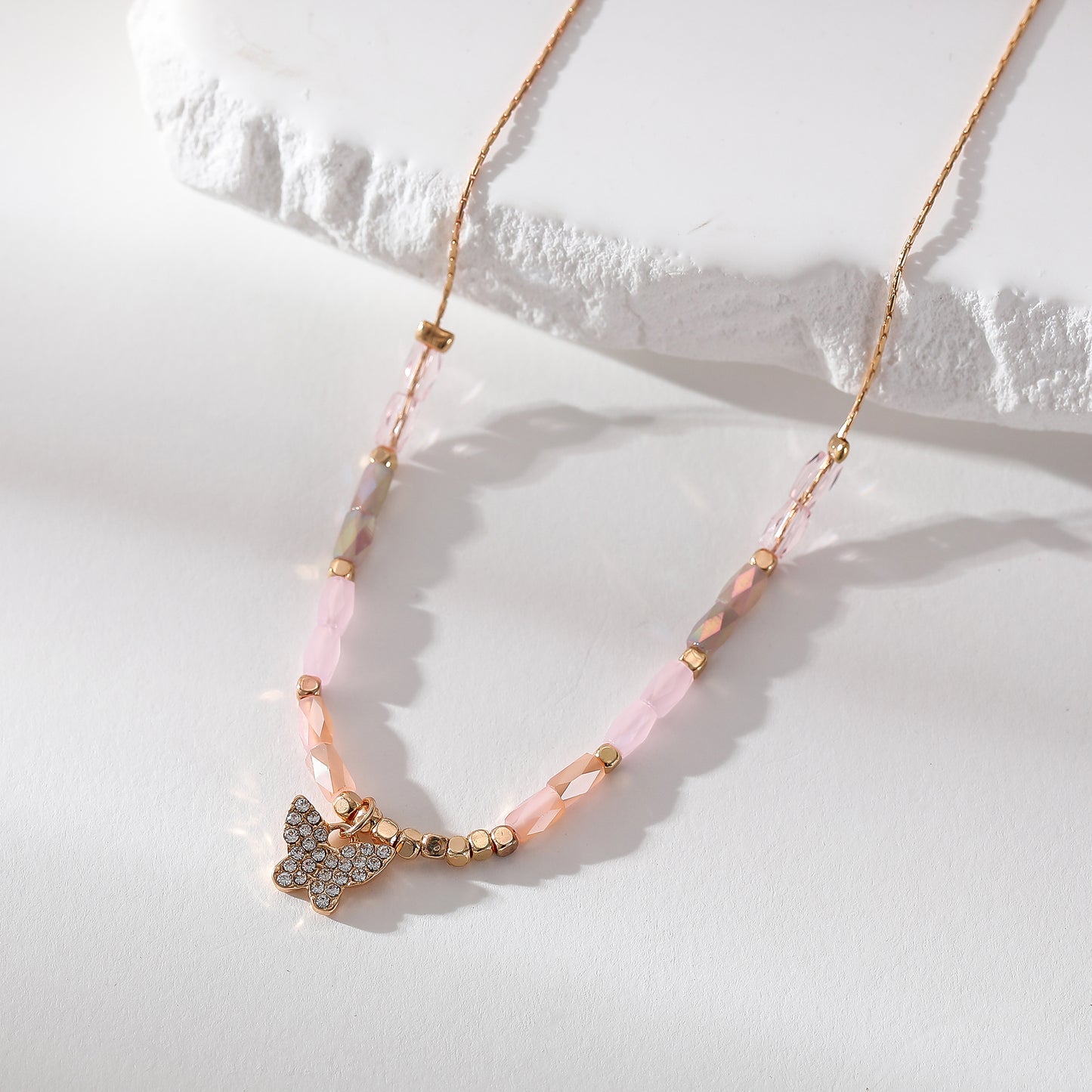Crystal Butterfly Pendant Necklace – Gold Chain with Faceted Beads in Assorted Colors