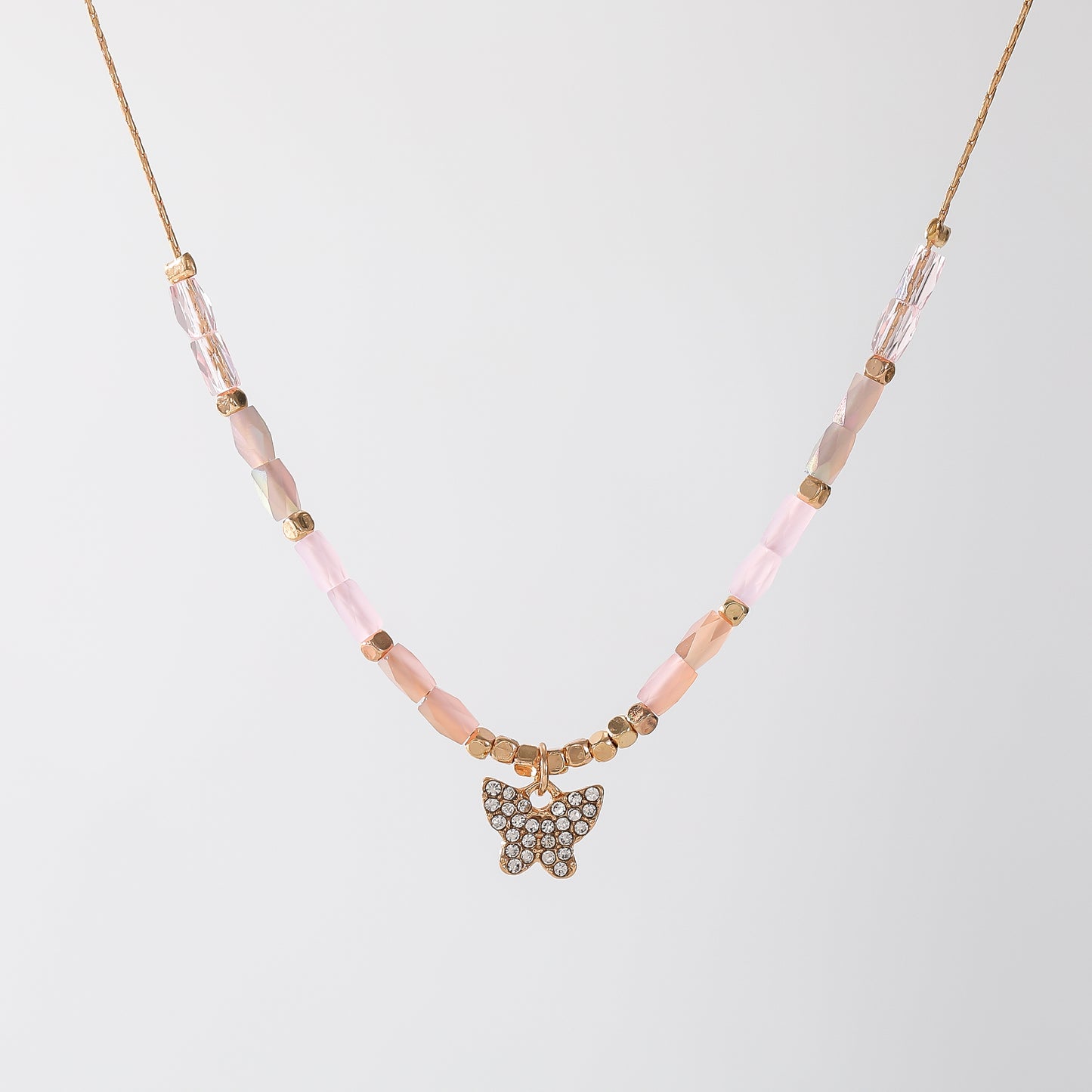 Crystal Butterfly Pendant Necklace – Gold Chain with Faceted Beads in Assorted Colors