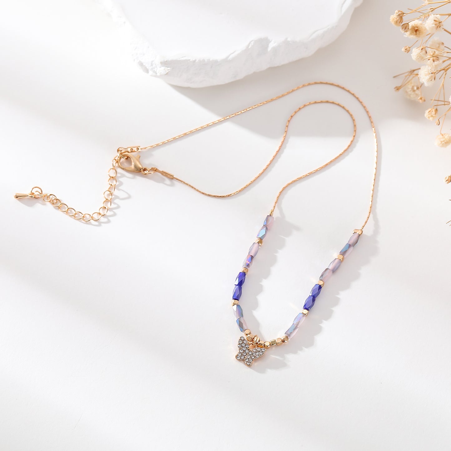 Crystal Butterfly Pendant Necklace – Gold Chain with Faceted Beads in Assorted Colors