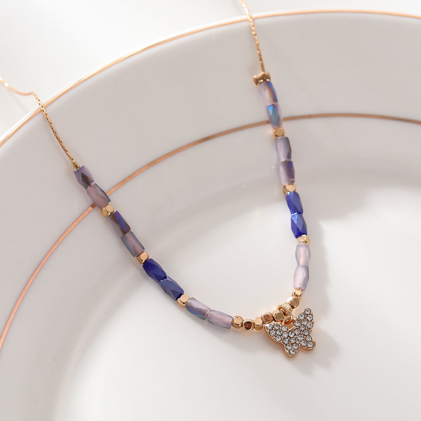 Crystal Butterfly Pendant Necklace – Gold Chain with Faceted Beads in Assorted Colors