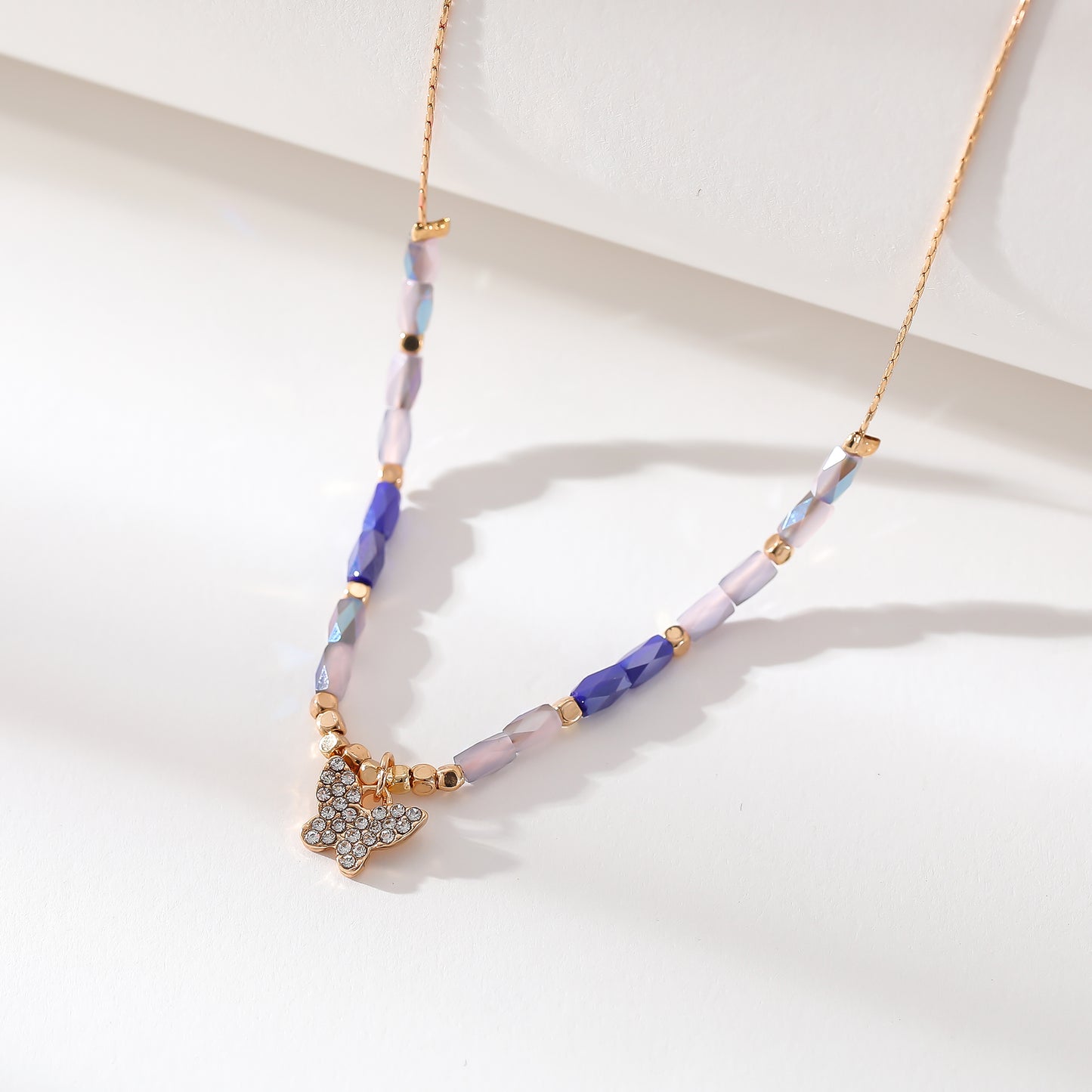 Crystal Butterfly Pendant Necklace – Gold Chain with Faceted Beads in Assorted Colors