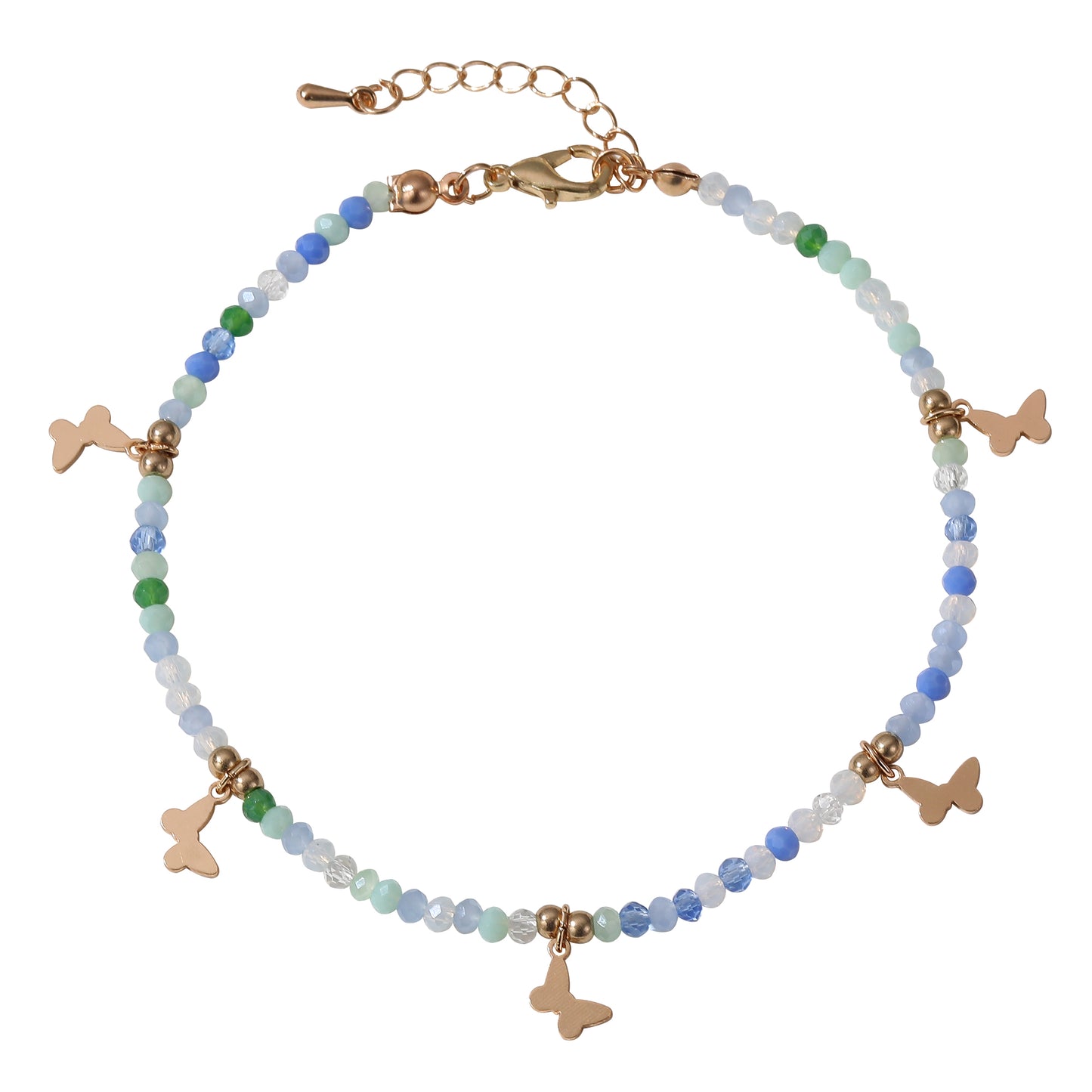 Colorful Beaded Anklet with Gold Butterfly Charms – Adjustable Boho Beach Jewelry