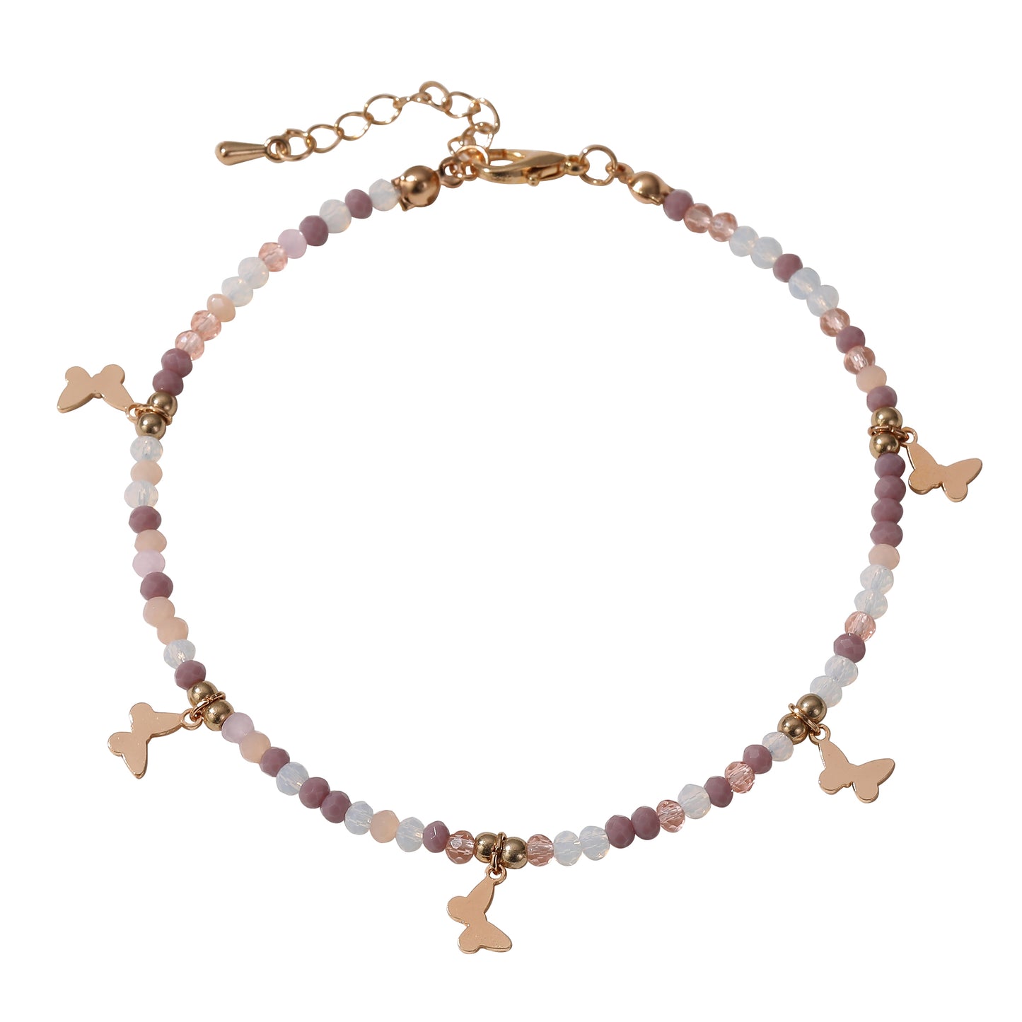 Colorful Beaded Anklet with Gold Butterfly Charms – Adjustable Boho Beach Jewelry