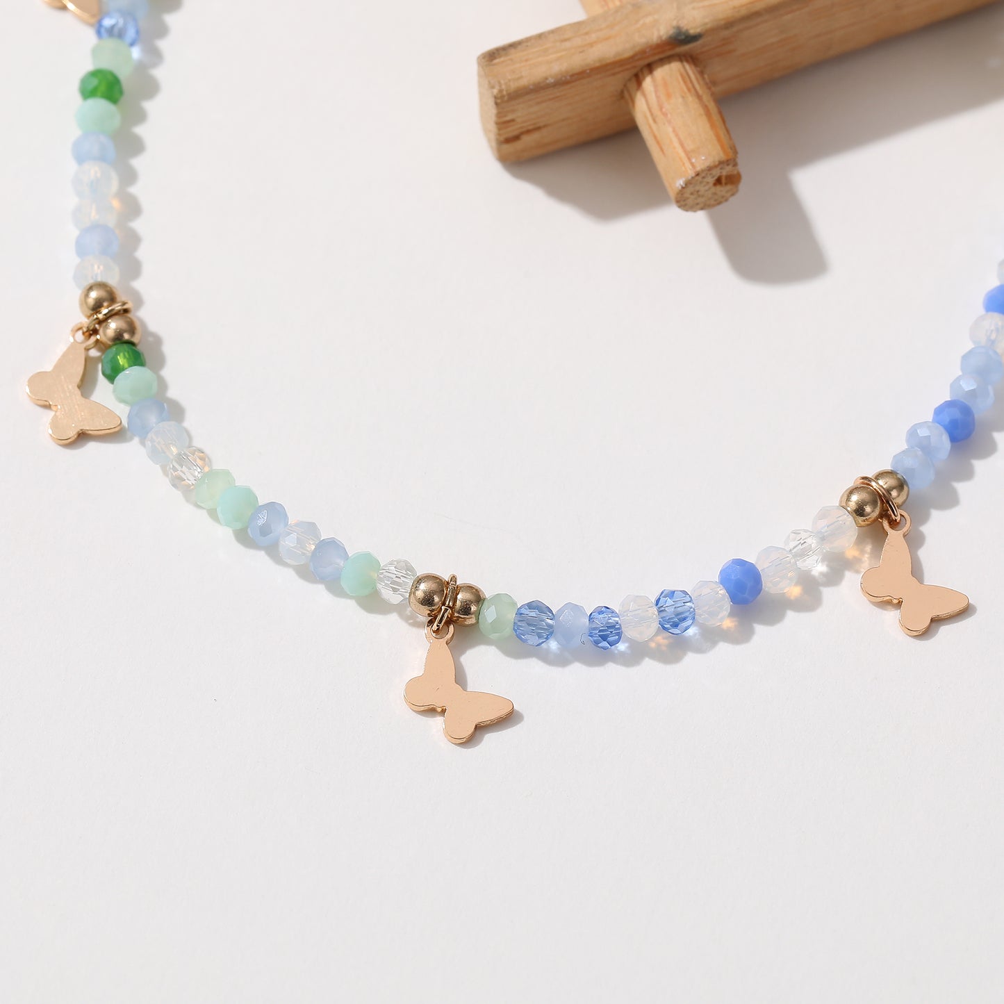 Colorful Beaded Anklet with Gold Butterfly Charms – Adjustable Boho Beach Jewelry