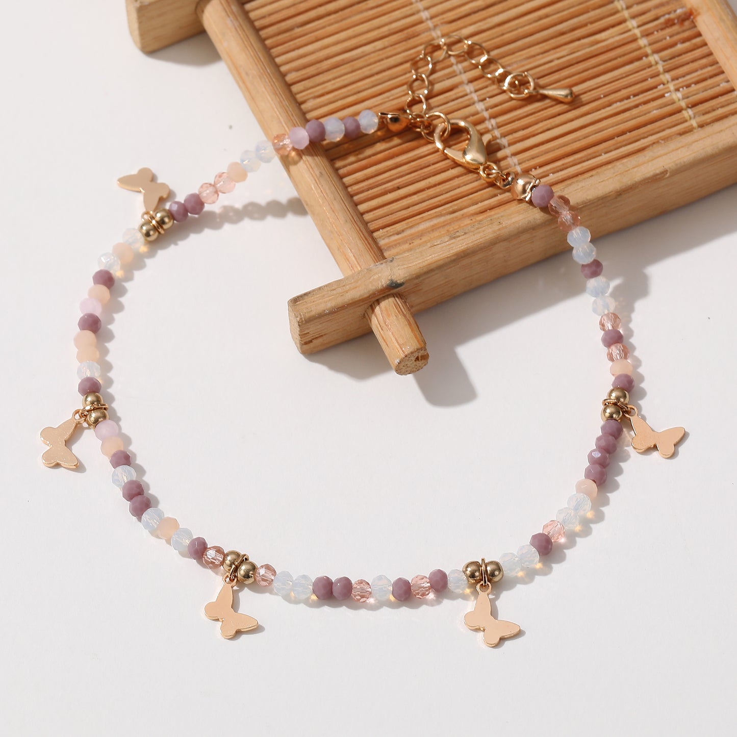 Colorful Beaded Anklet with Gold Butterfly Charms – Adjustable Boho Beach Jewelry