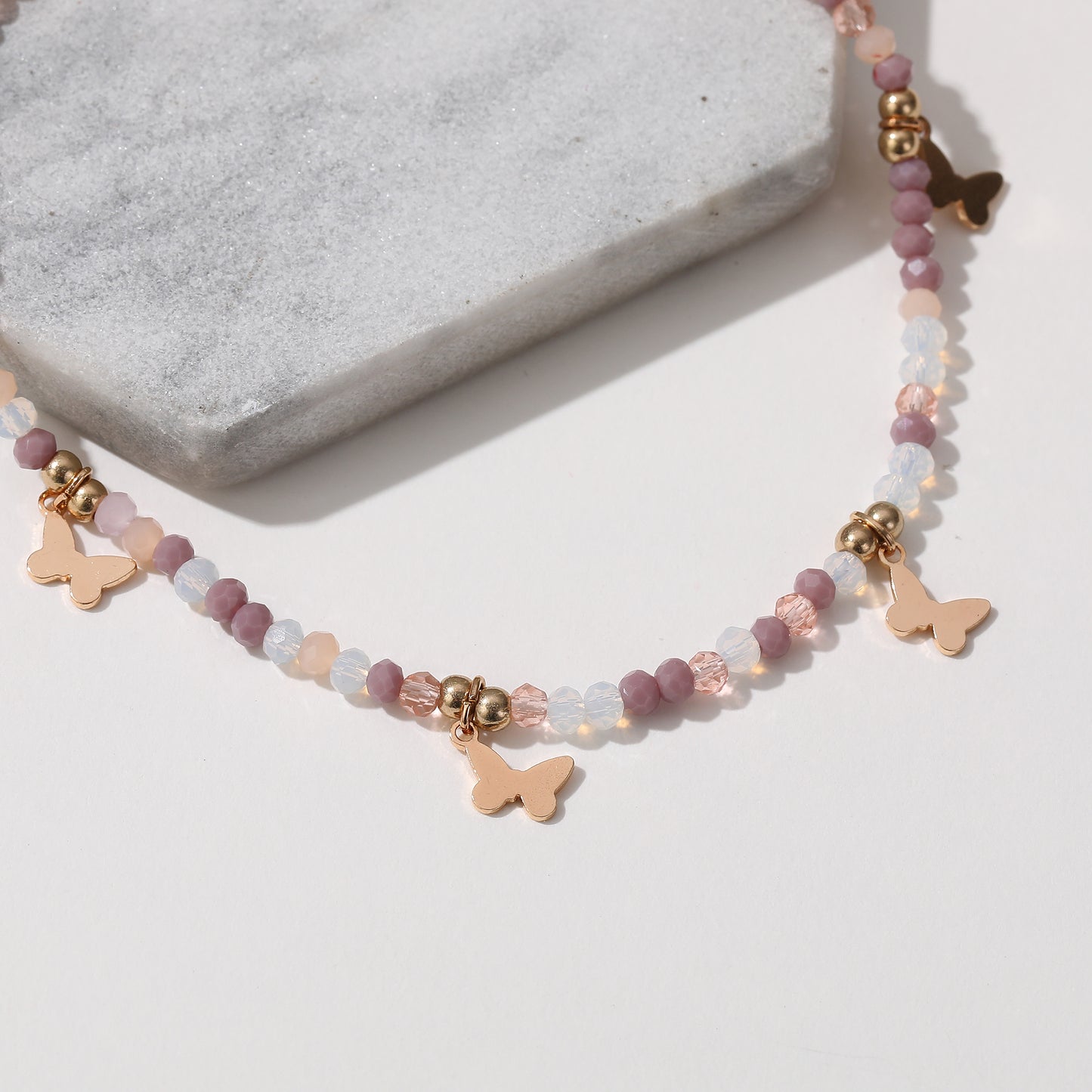Colorful Beaded Anklet with Gold Butterfly Charms – Adjustable Boho Beach Jewelry