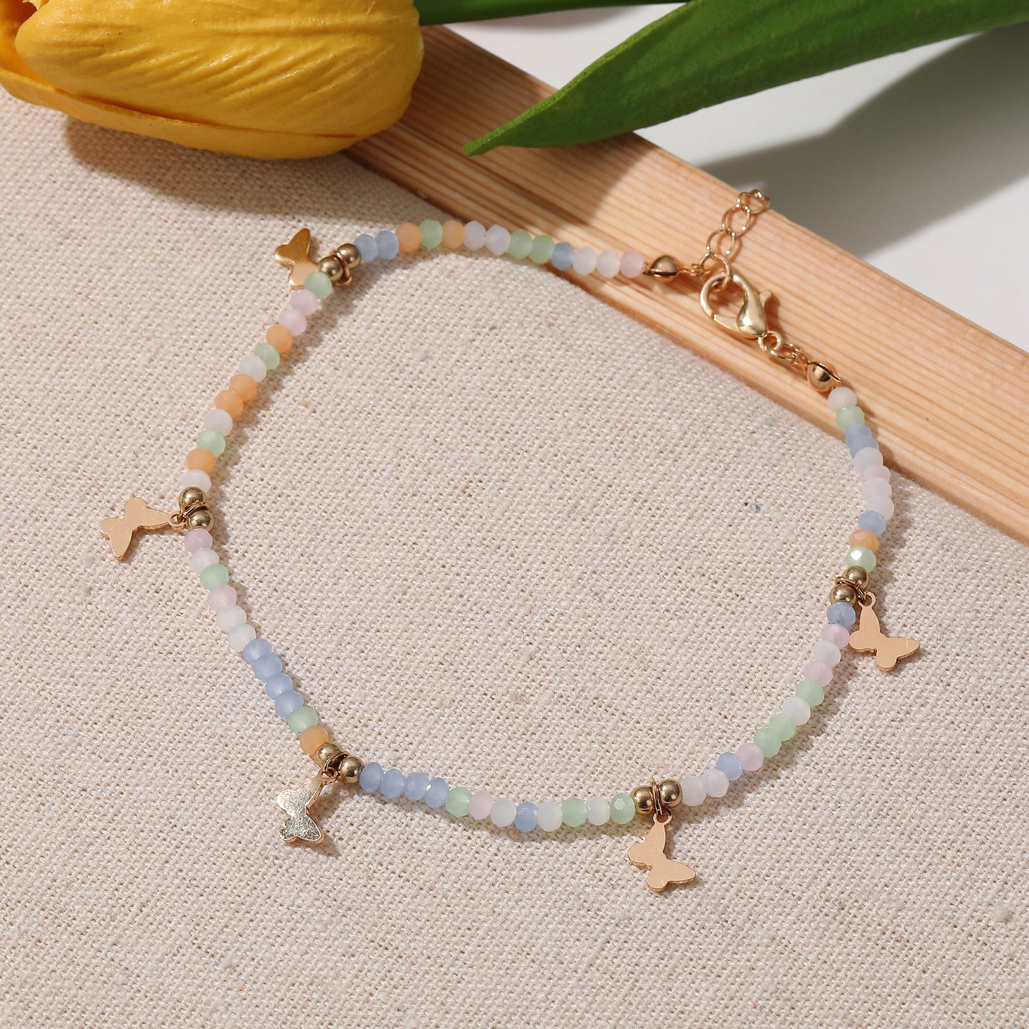 Colorful Beaded Anklet with Gold Butterfly Charms – Adjustable Boho Beach Jewelry