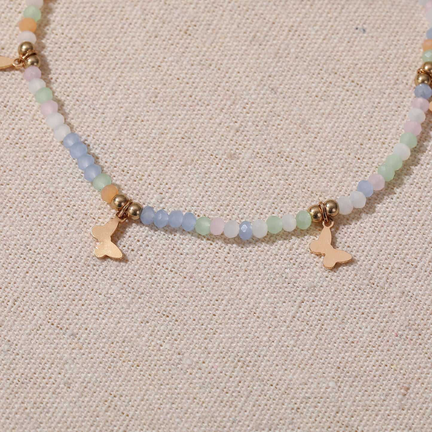 Colorful Beaded Anklet with Gold Butterfly Charms – Adjustable Boho Beach Jewelry
