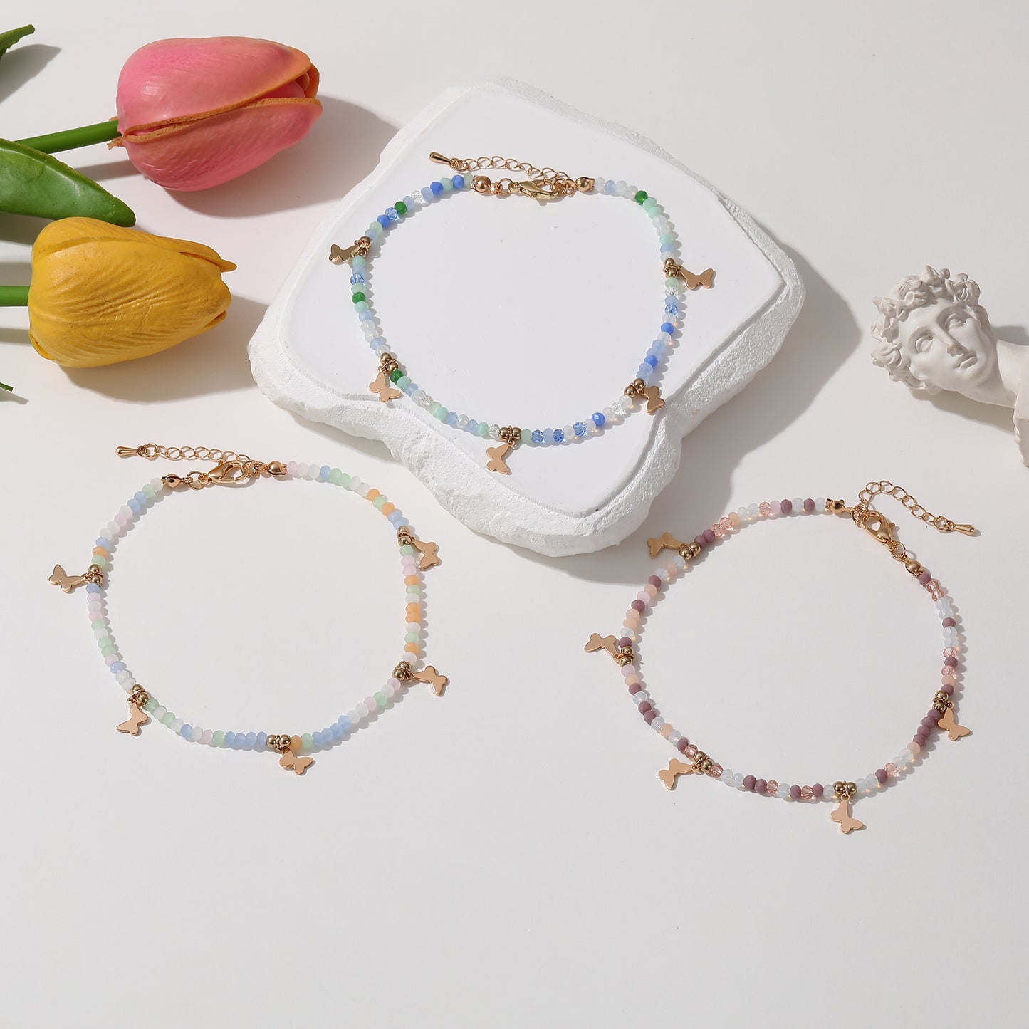 Colorful Beaded Anklet with Gold Butterfly Charms – Adjustable Boho Beach Jewelry