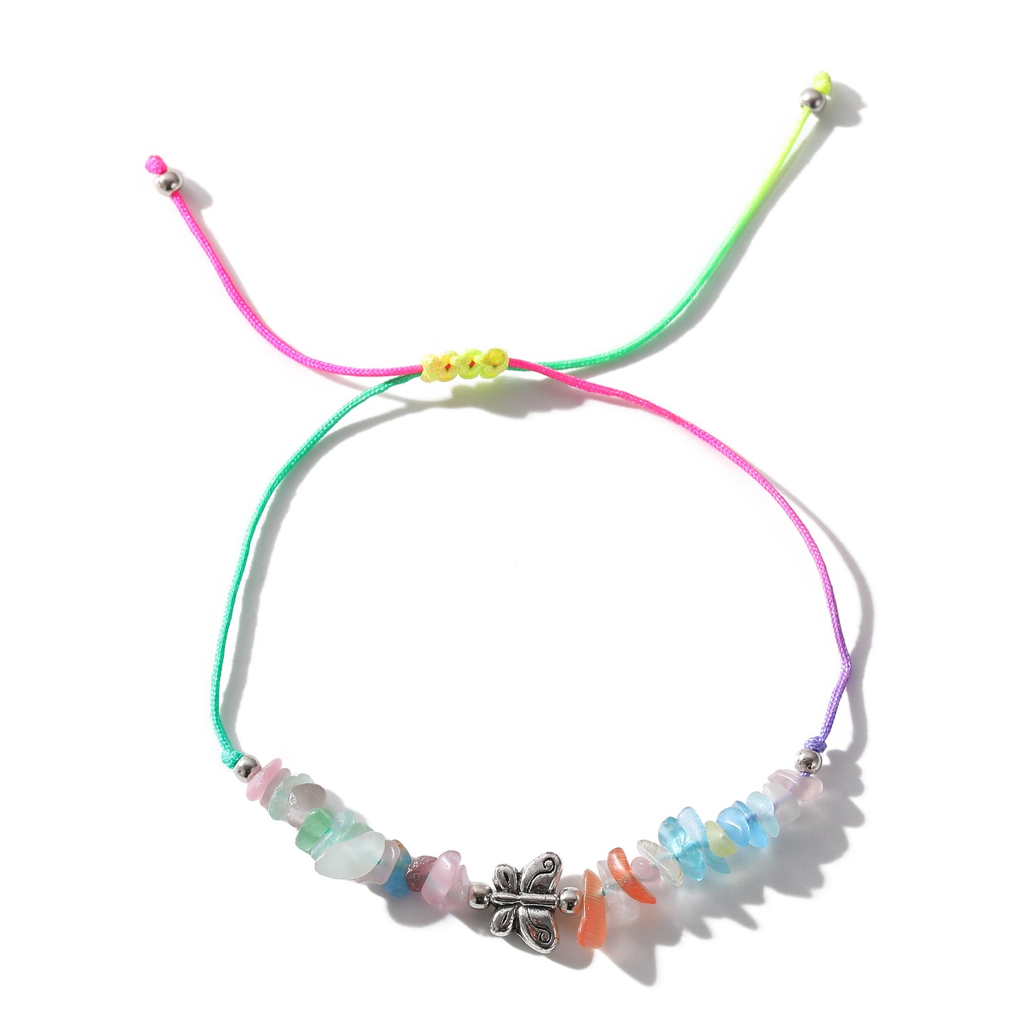 Adjustable Genuine Stone Bead Bracelets with Silver Butterfly Charms - Vibrant, Elegant Jewelry for Women