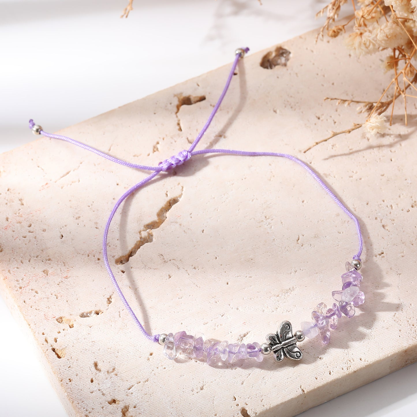 Adjustable Genuine Stone Bead Bracelets with Silver Butterfly Charms - Vibrant, Elegant Jewelry for Women