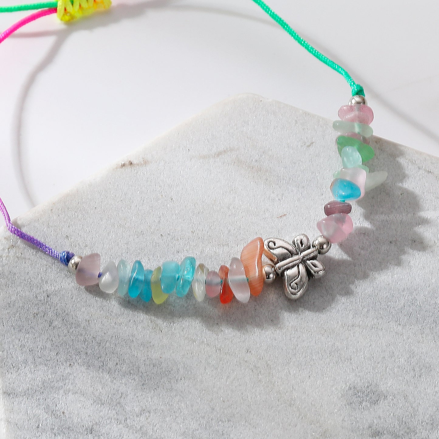 Adjustable Genuine Stone Bead Bracelets with Silver Butterfly Charms - Vibrant, Elegant Jewelry for Women