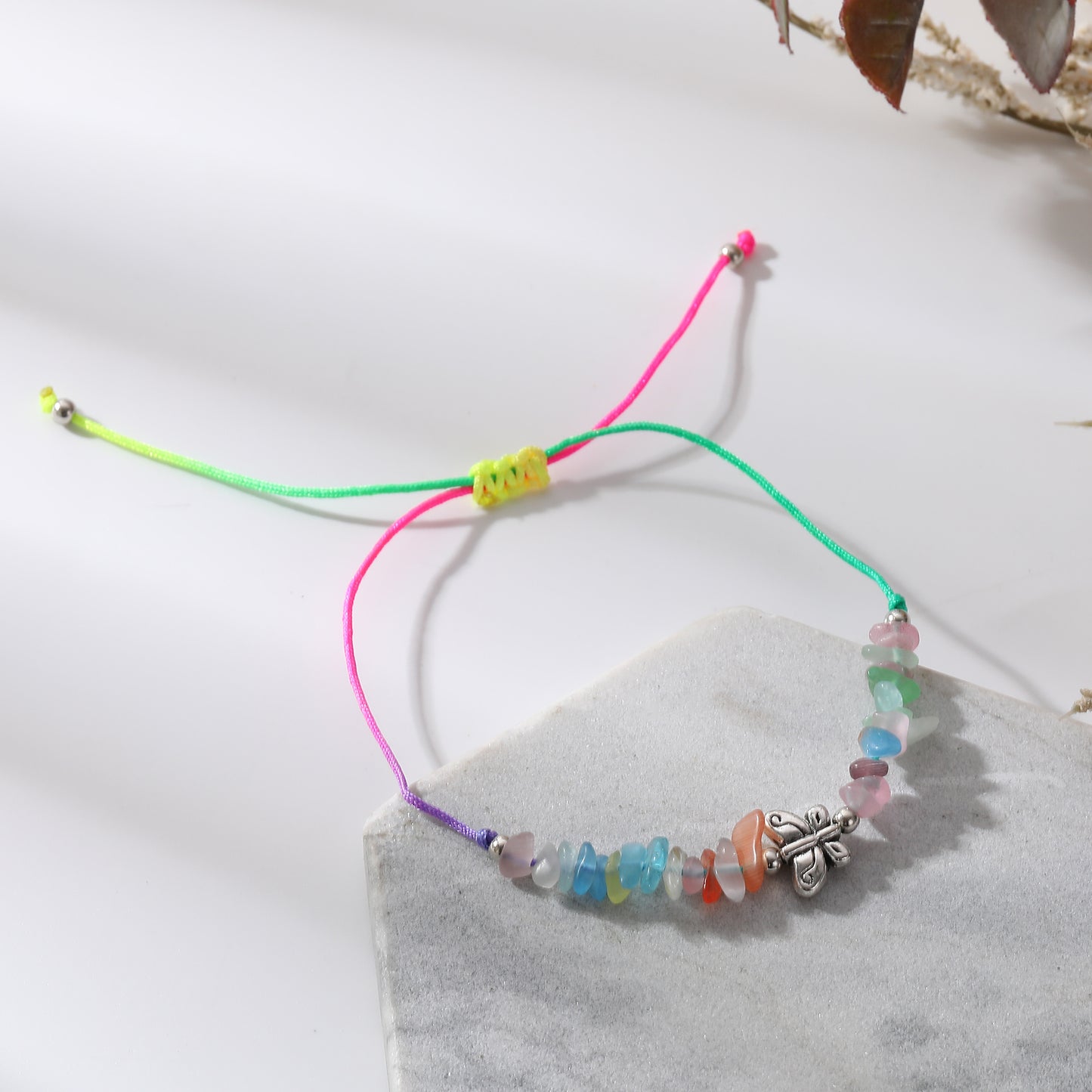 Adjustable Genuine Stone Bead Bracelets with Silver Butterfly Charms - Vibrant, Elegant Jewelry for Women