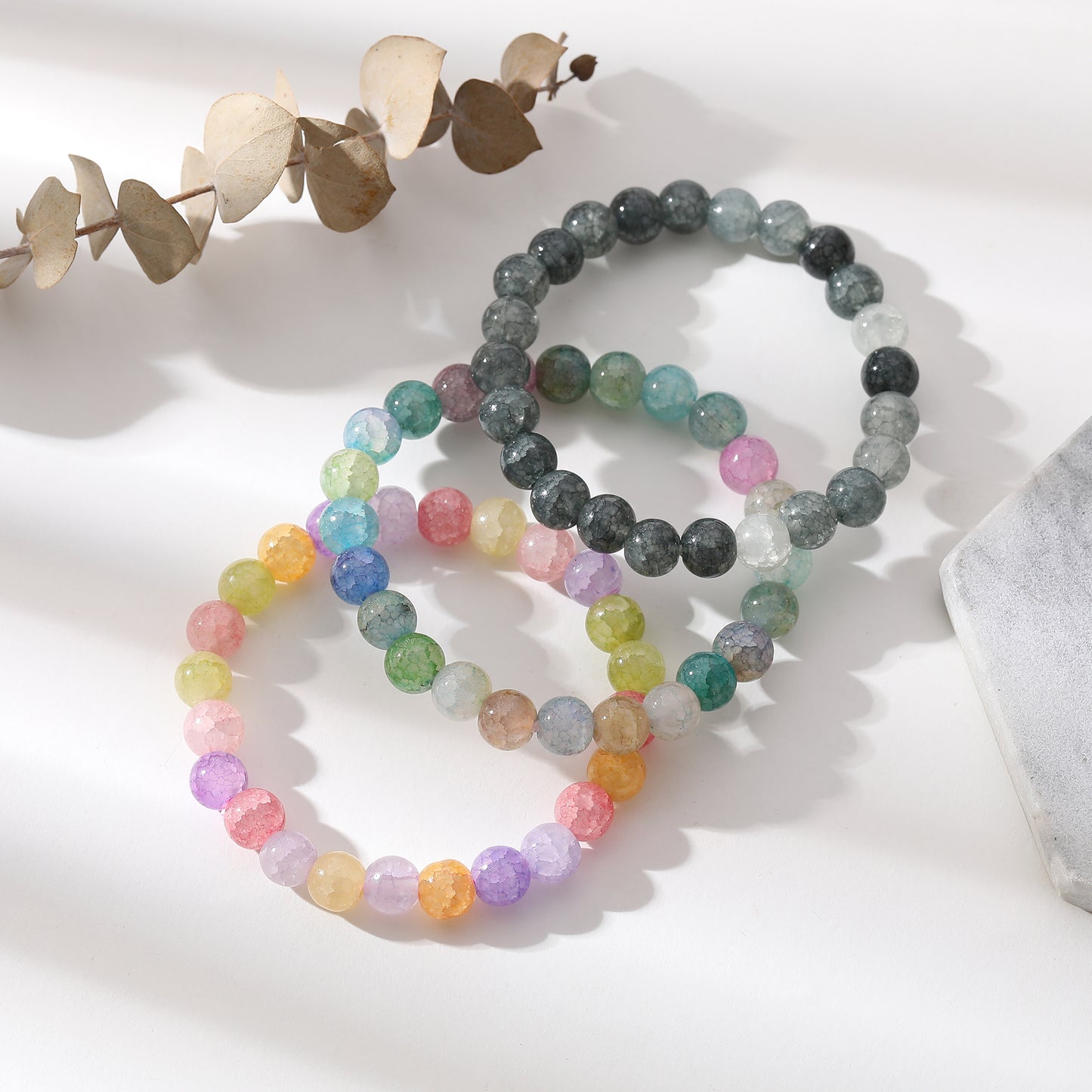 Assorted Genuine Round Stone on Elastic Beaded Bracelet