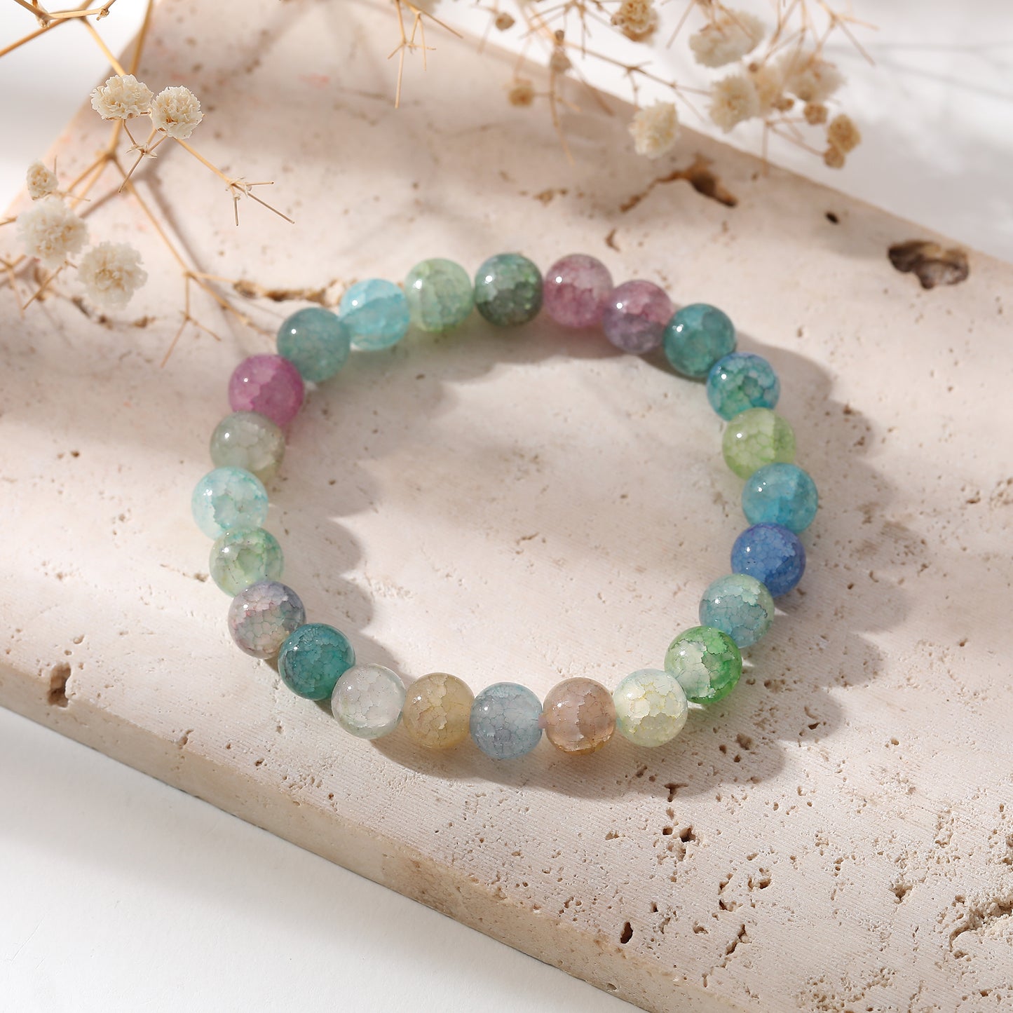 Assorted Genuine Round Stone on Elastic Beaded Bracelet